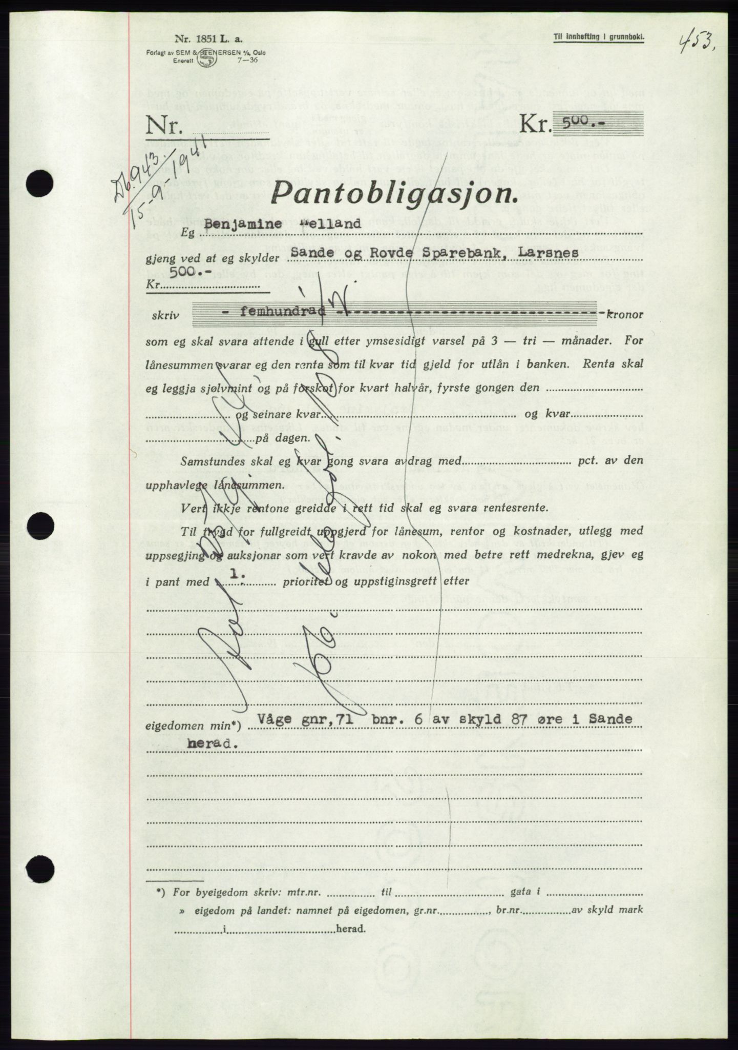 Søre Sunnmøre sorenskriveri, AV/SAT-A-4122/1/2/2C/L0071: Mortgage book no. 65, 1941-1941, Diary no: : 943/1941