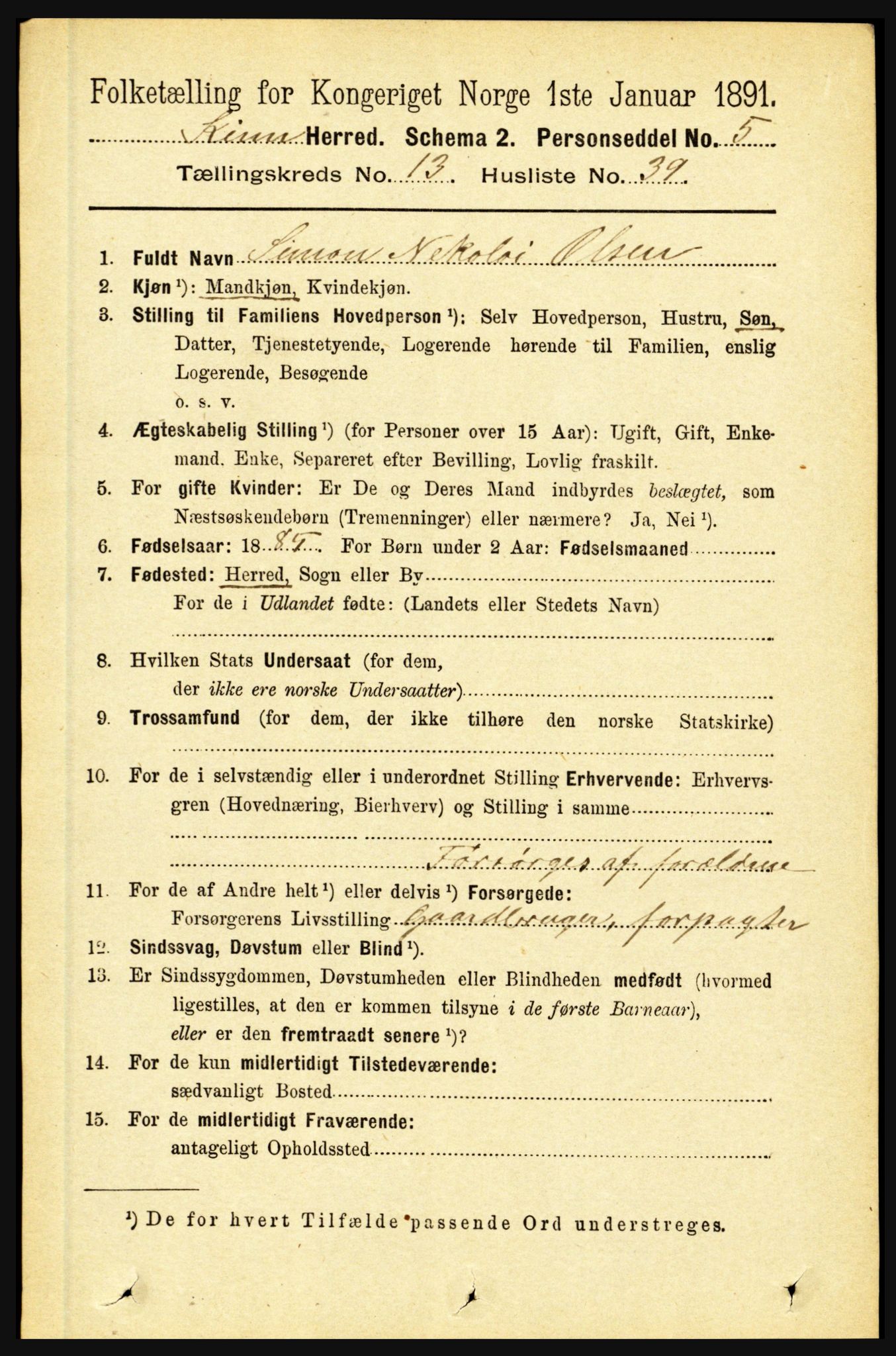RA, 1891 census for 1437 Kinn, 1891, p. 5327