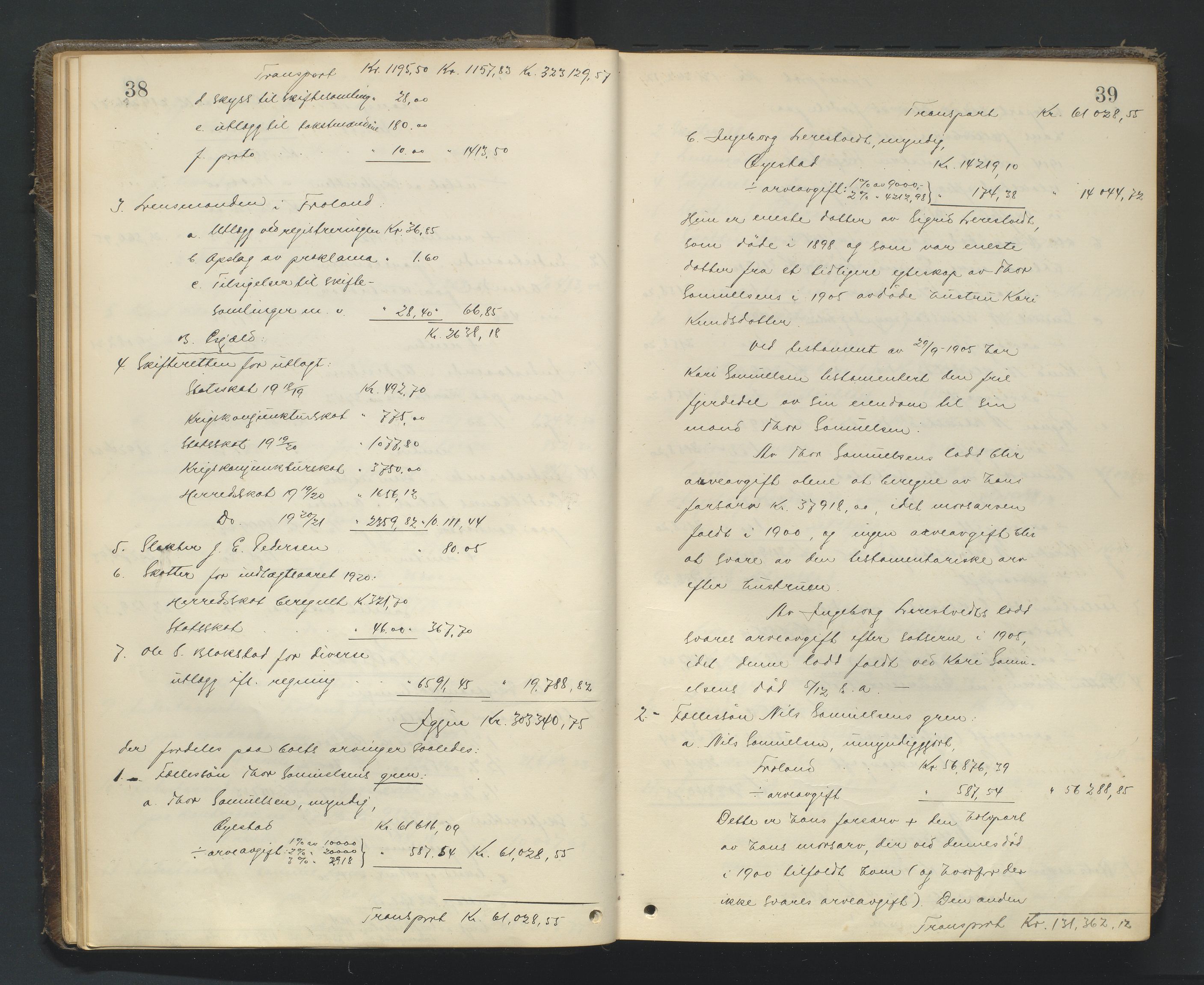 Nedenes sorenskriveri, AV/SAK-1221-0006/H/Hc/L0022: Skifteutlodningsprotokoll nr 8, 1919-1926, p. 38-39