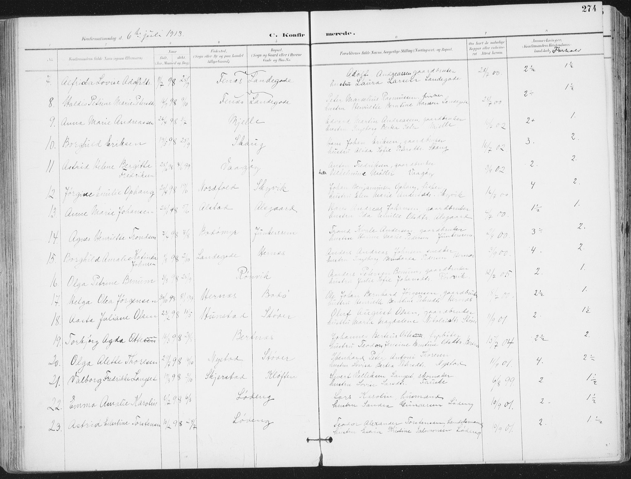 Ministerialprotokoller, klokkerbøker og fødselsregistre - Nordland, SAT/A-1459/802/L0055: Parish register (official) no. 802A02, 1894-1915, p. 274
