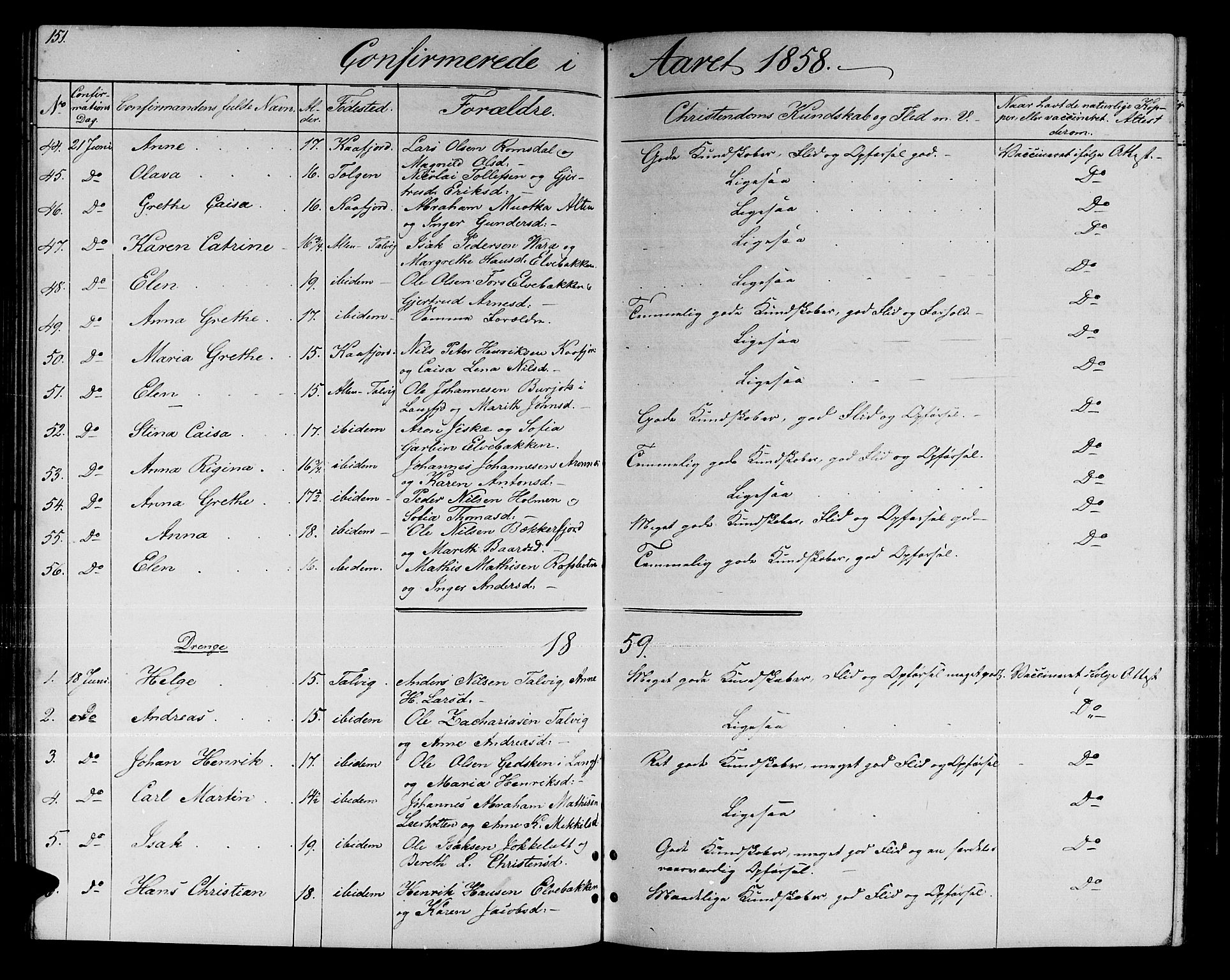 Talvik sokneprestkontor, SATØ/S-1337/H/Hb/L0001klokker: Parish register (copy) no. 1, 1847-1863, p. 151