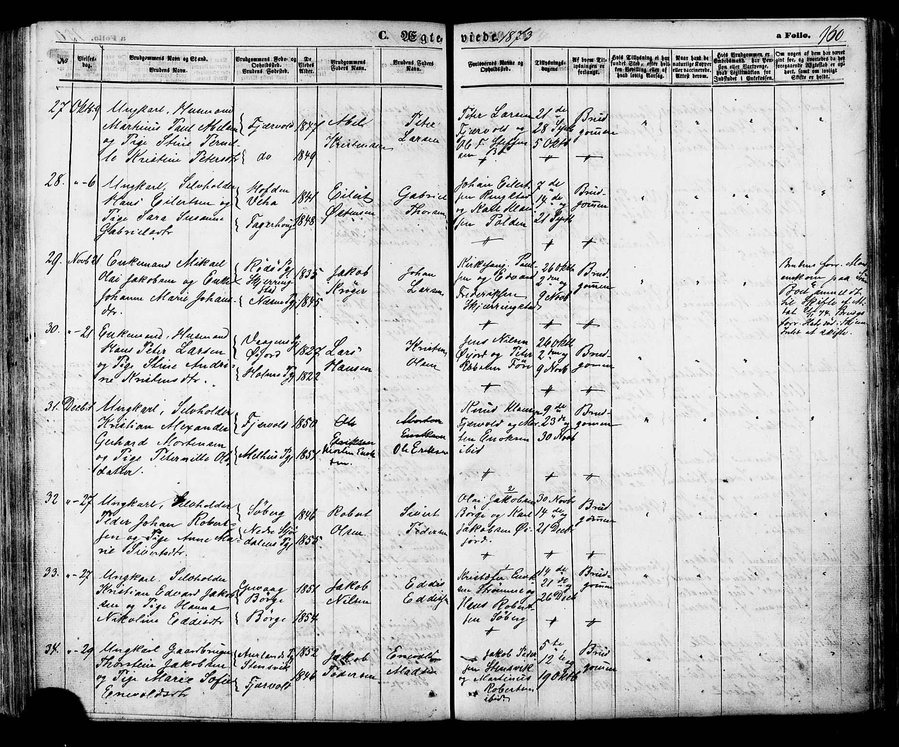 Ministerialprotokoller, klokkerbøker og fødselsregistre - Nordland, AV/SAT-A-1459/891/L1301: Parish register (official) no. 891A06, 1870-1878, p. 160