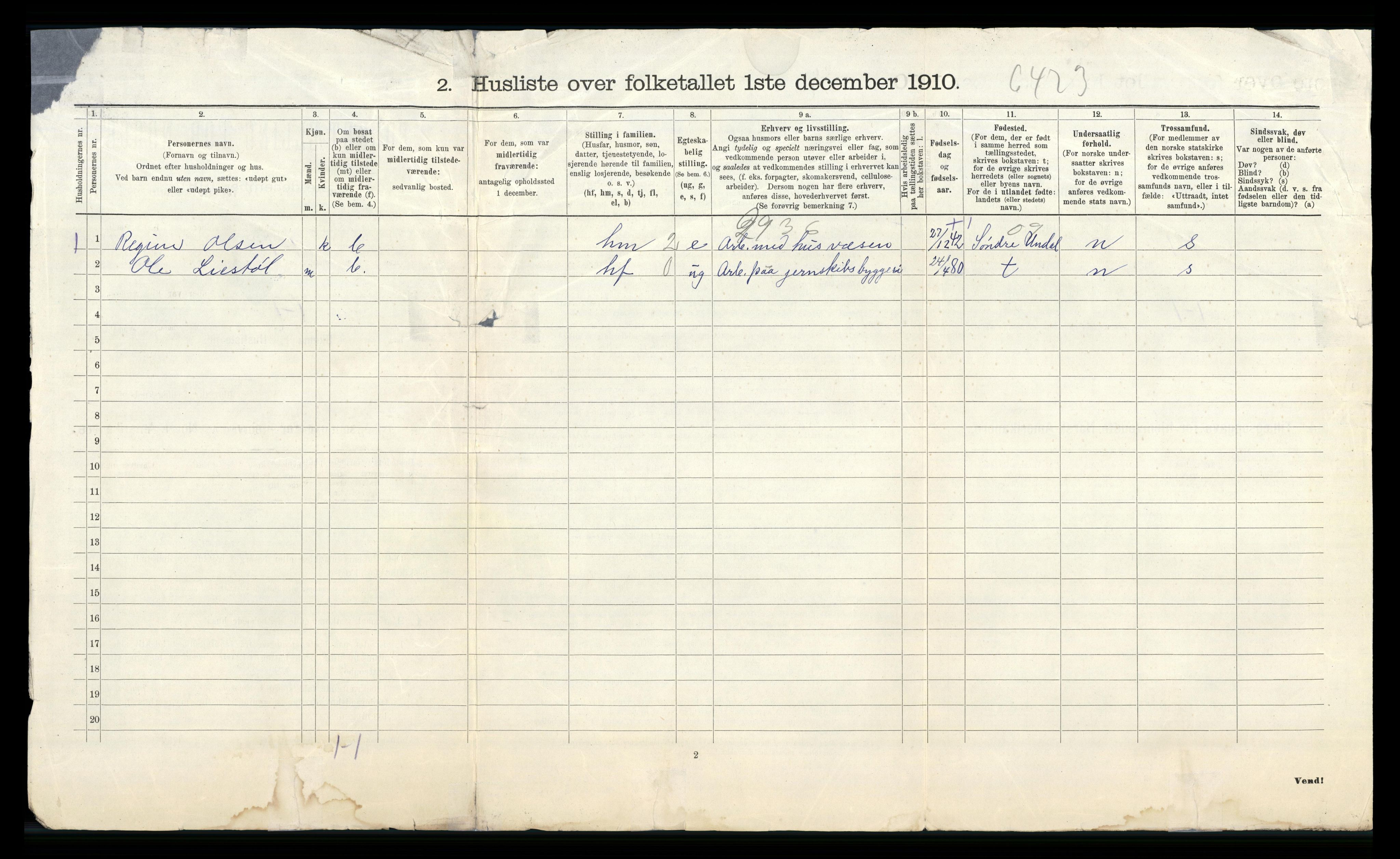 RA, 1910 census for Fjære, 1910, p. 1850