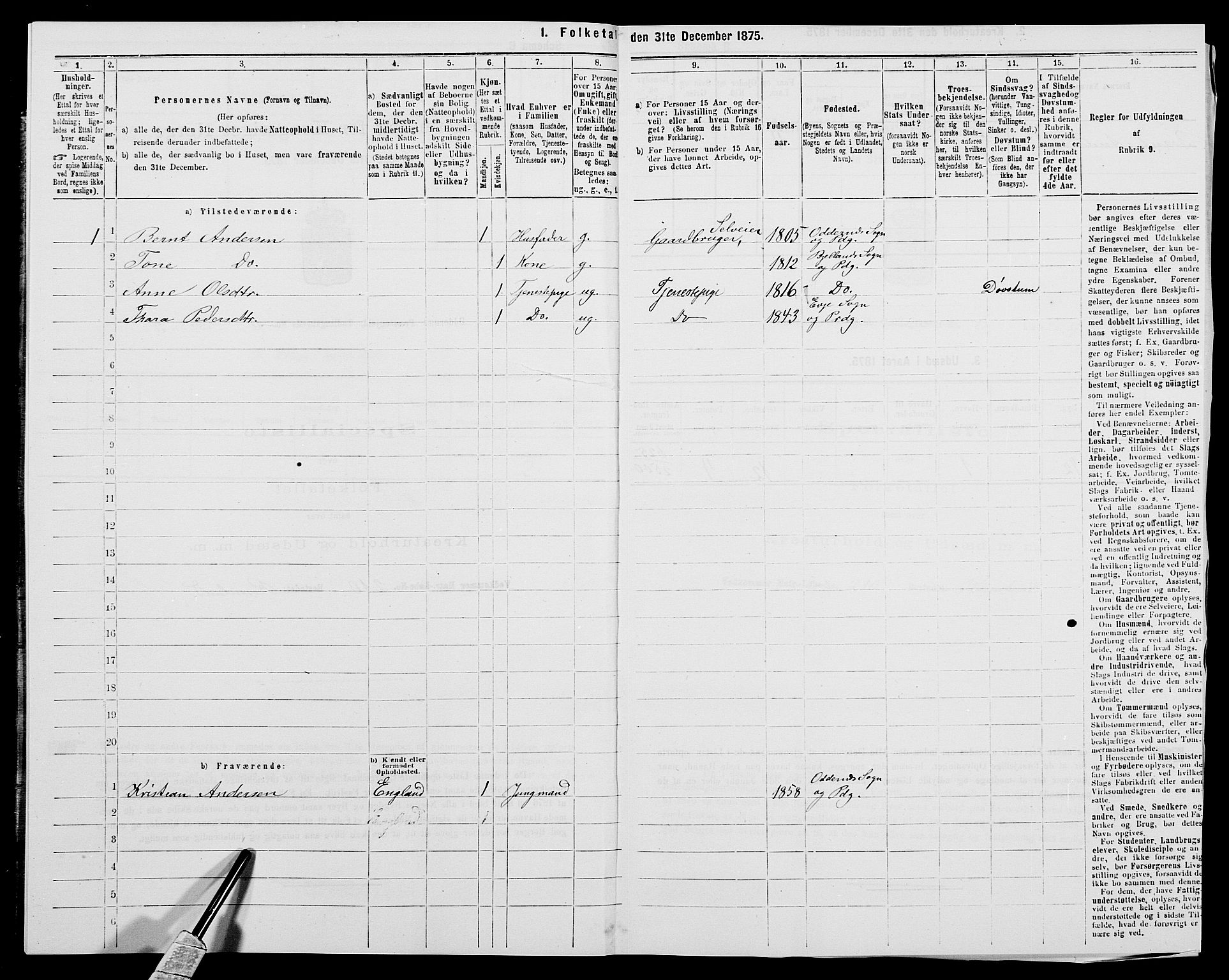 SAK, 1875 census for 1012P Oddernes, 1875, p. 994