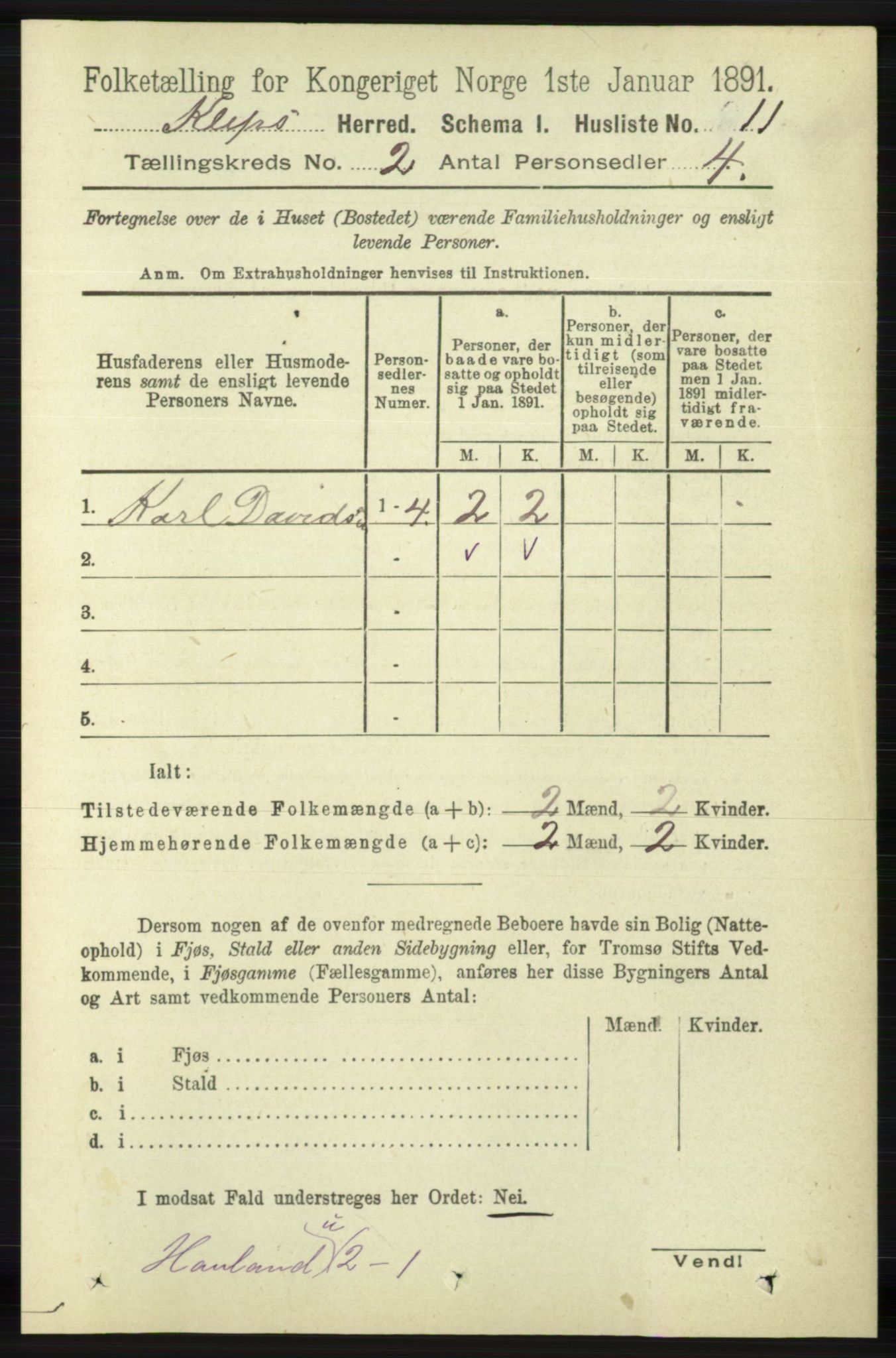 RA, 1891 census for 1120 Klepp, 1891, p. 319