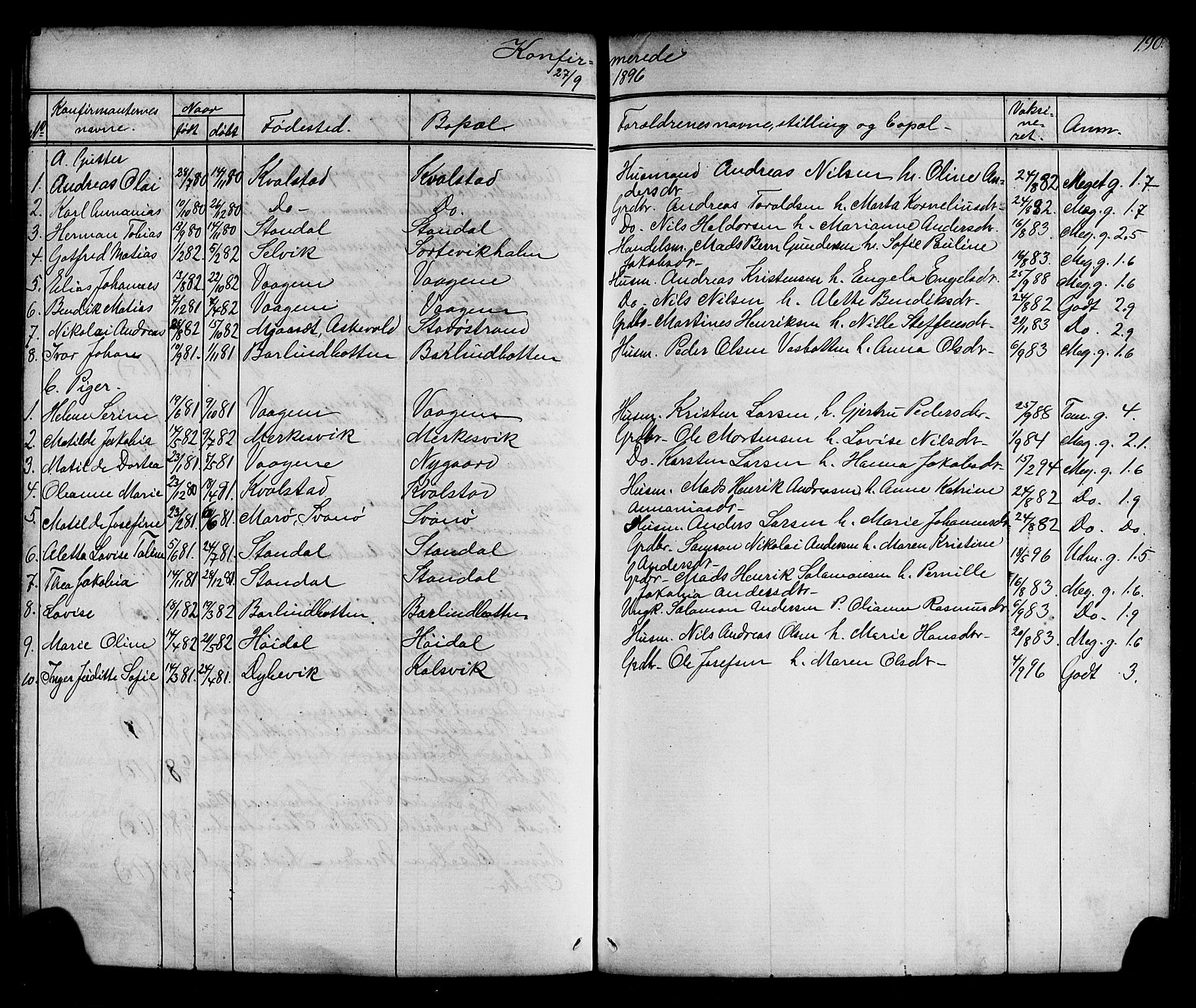 Kinn sokneprestembete, SAB/A-80801/H/Hab/Habc/L0002: Parish register (copy) no. C 2, 1869-1918, p. 190