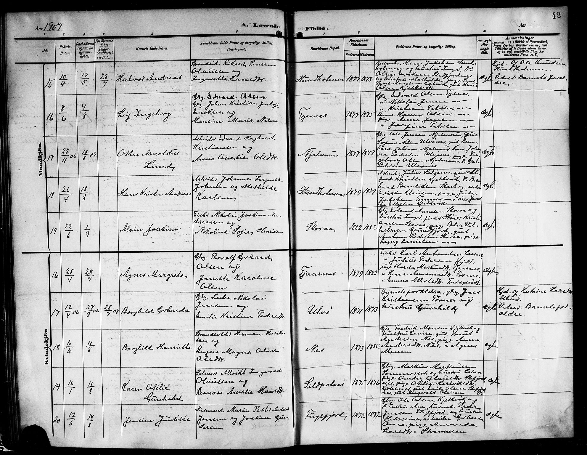 Ministerialprotokoller, klokkerbøker og fødselsregistre - Nordland, AV/SAT-A-1459/861/L0877: Parish register (copy) no. 861C03, 1903-1919, p. 42