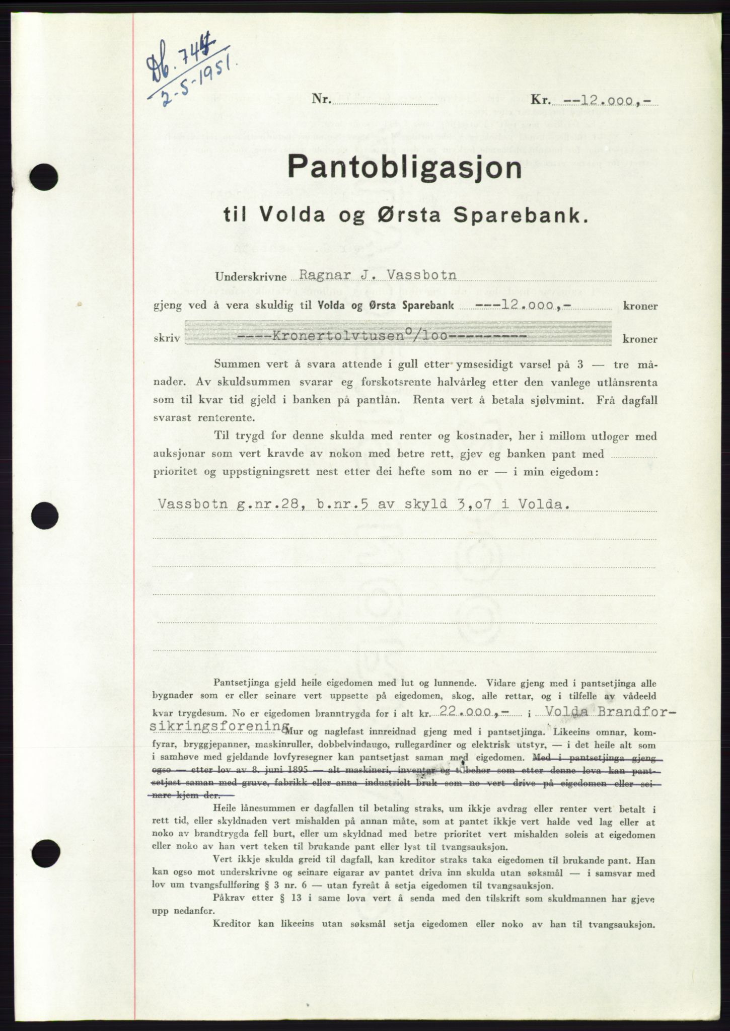 Søre Sunnmøre sorenskriveri, AV/SAT-A-4122/1/2/2C/L0120: Mortgage book no. 8B, 1951-1951, Diary no: : 744/1951