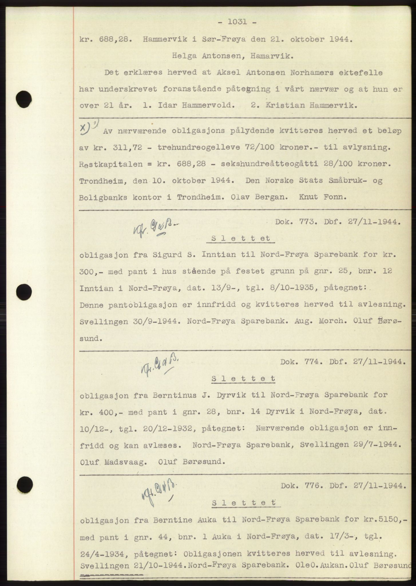 Hitra sorenskriveri, AV/SAT-A-0018/2/2C/2Ca: Mortgage book no. C1, 1936-1945, Diary no: : 773/1944