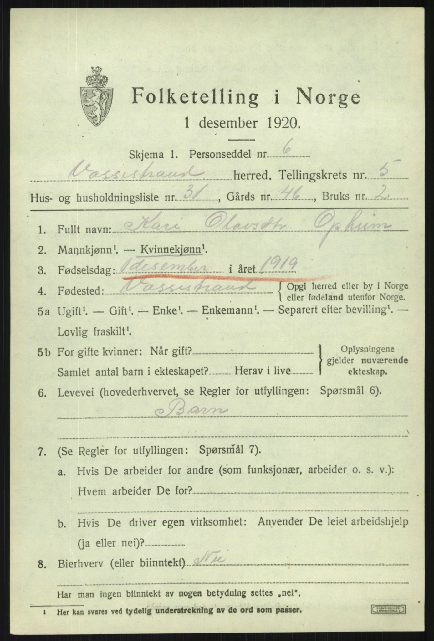 SAB, 1920 census for Vossestrand, 1920, p. 2760