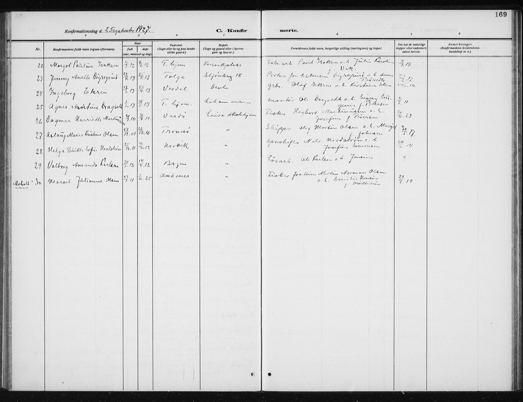 Ministerialprotokoller, klokkerbøker og fødselsregistre - Sør-Trøndelag, SAT/A-1456/606/L0314: Parish register (copy) no. 606C10, 1911-1937, p. 169