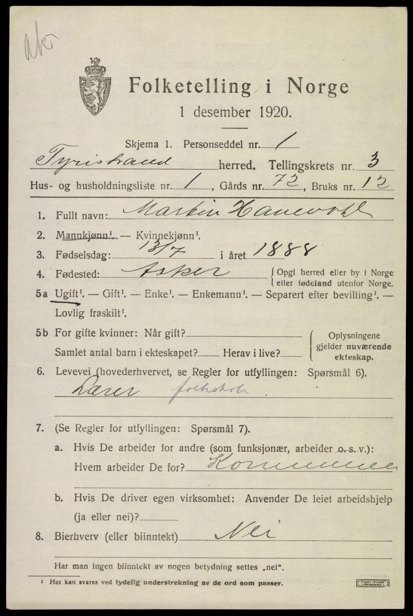 SAKO, 1920 census for Tyristrand, 1920, p. 1972