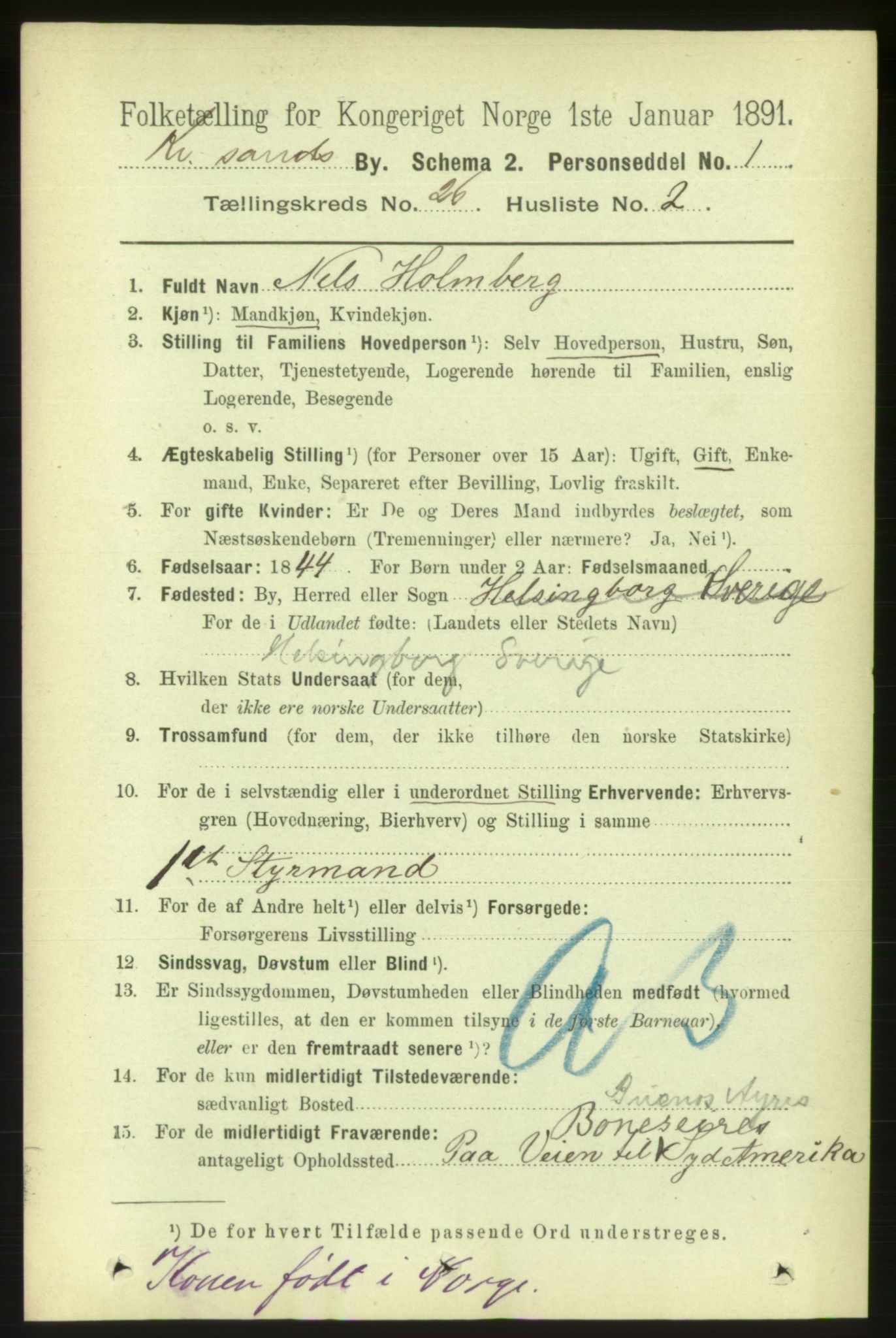 RA, 1891 census for 1001 Kristiansand, 1891, p. 8890