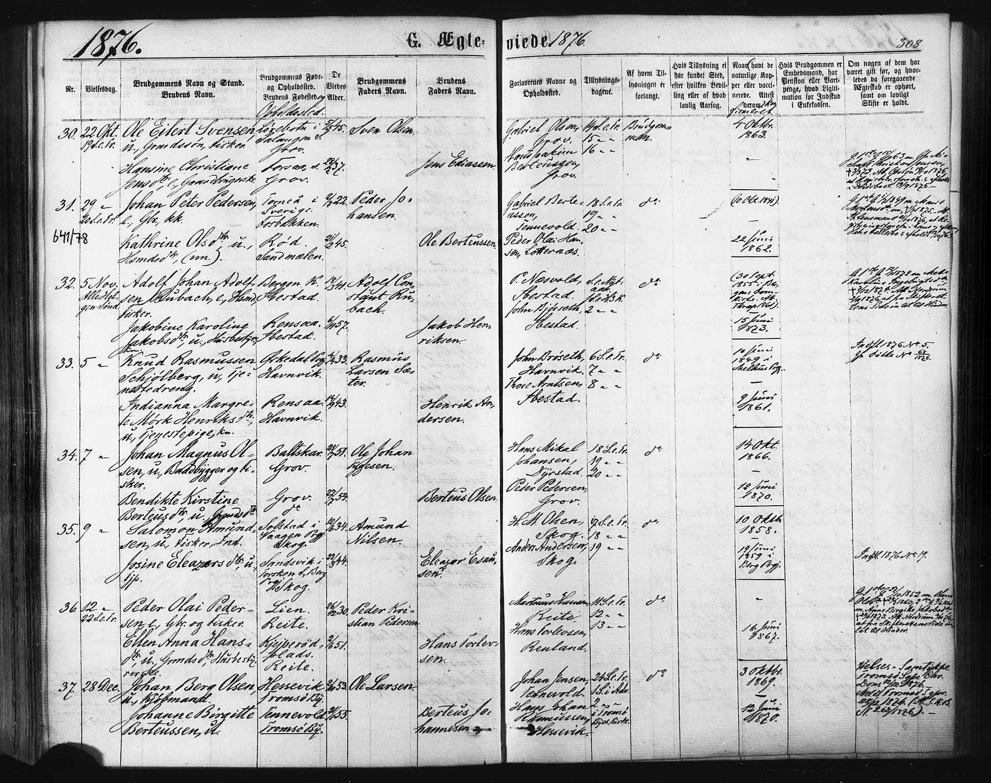 Ibestad sokneprestembete, SATØ/S-0077/H/Ha/Haa/L0010kirke: Parish register (official) no. 10, 1869-1879, p. 308