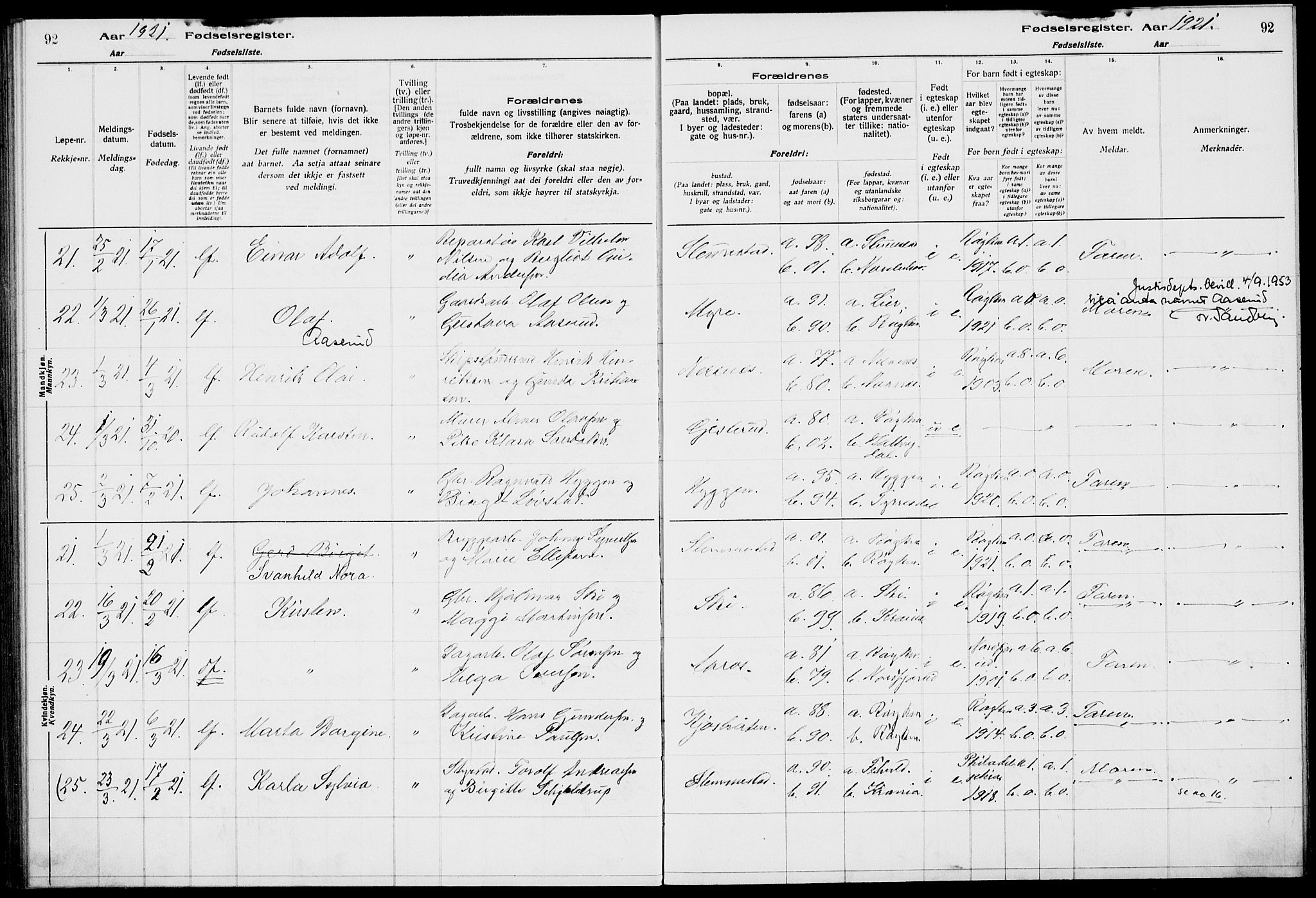 Røyken kirkebøker, SAKO/A-241/J/Ja/L0001: Birth register no. 1, 1916-1927, p. 92