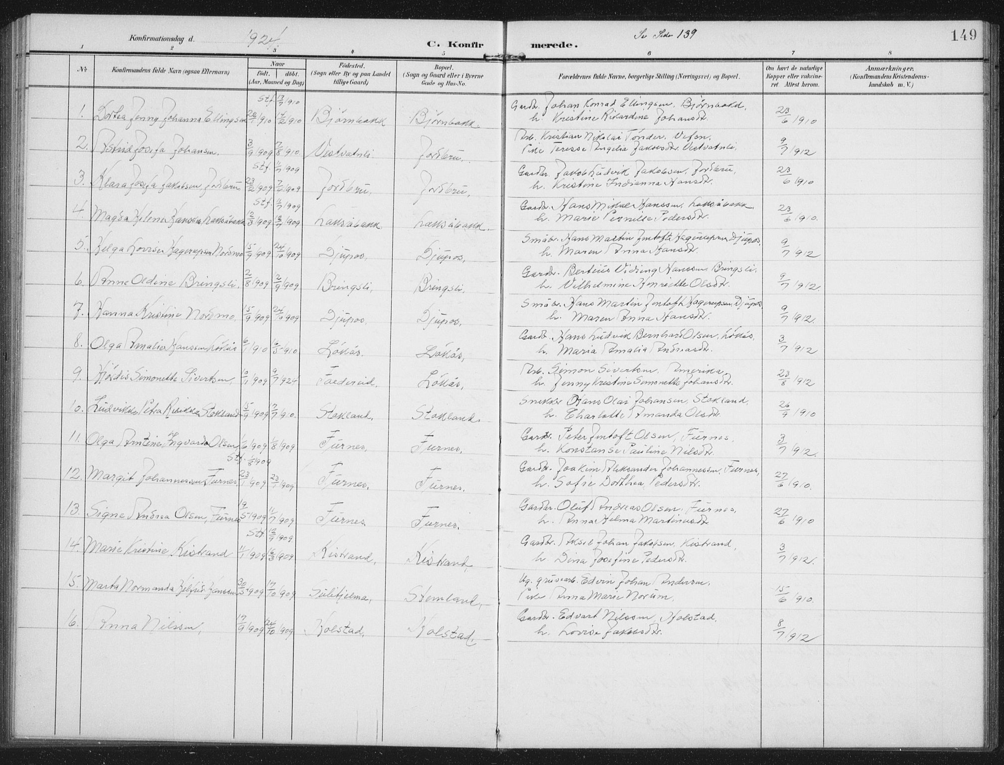 Ministerialprotokoller, klokkerbøker og fødselsregistre - Nordland, AV/SAT-A-1459/851/L0726: Parish register (copy) no. 851C01, 1902-1924, p. 149