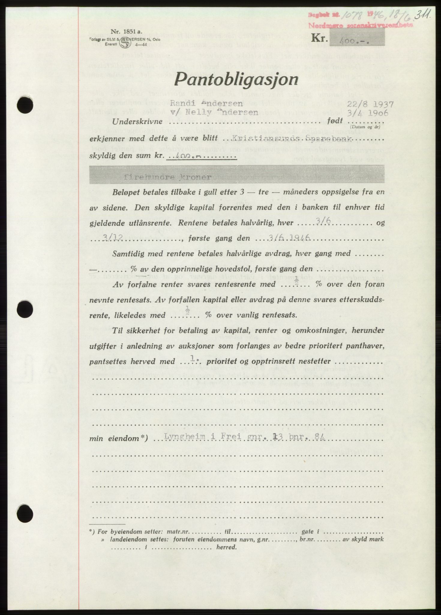 Nordmøre sorenskriveri, AV/SAT-A-4132/1/2/2Ca: Mortgage book no. B94, 1946-1946, Diary no: : 1078/1946