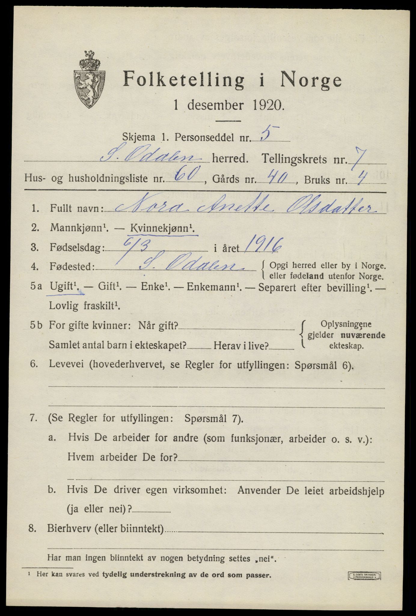 SAH, 1920 census for Sør-Odal, 1920, p. 9265