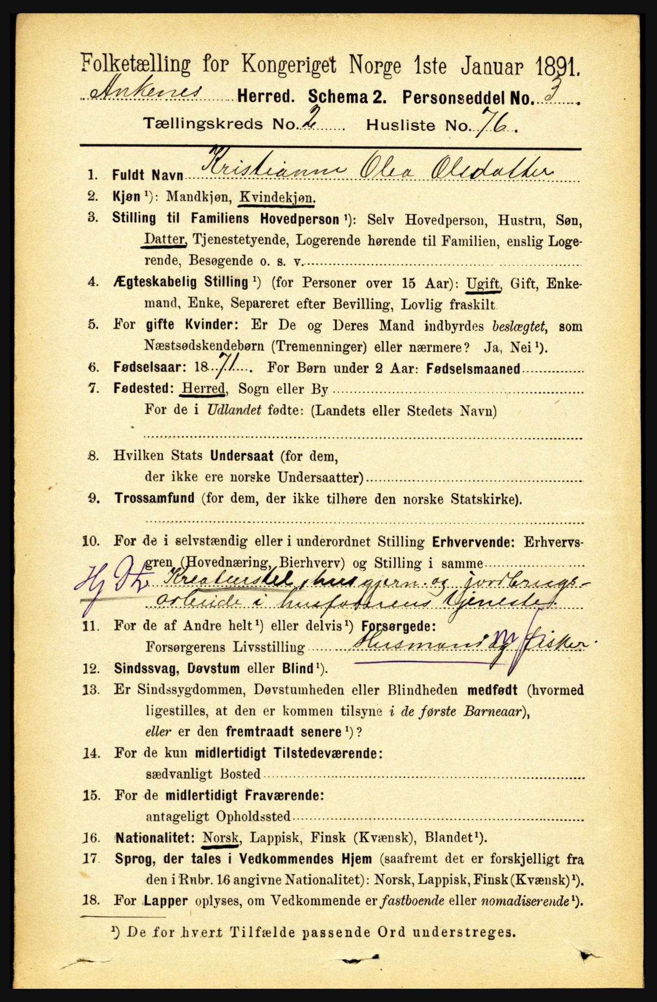 RA, 1891 census for 1855 Ankenes, 1891, p. 1396