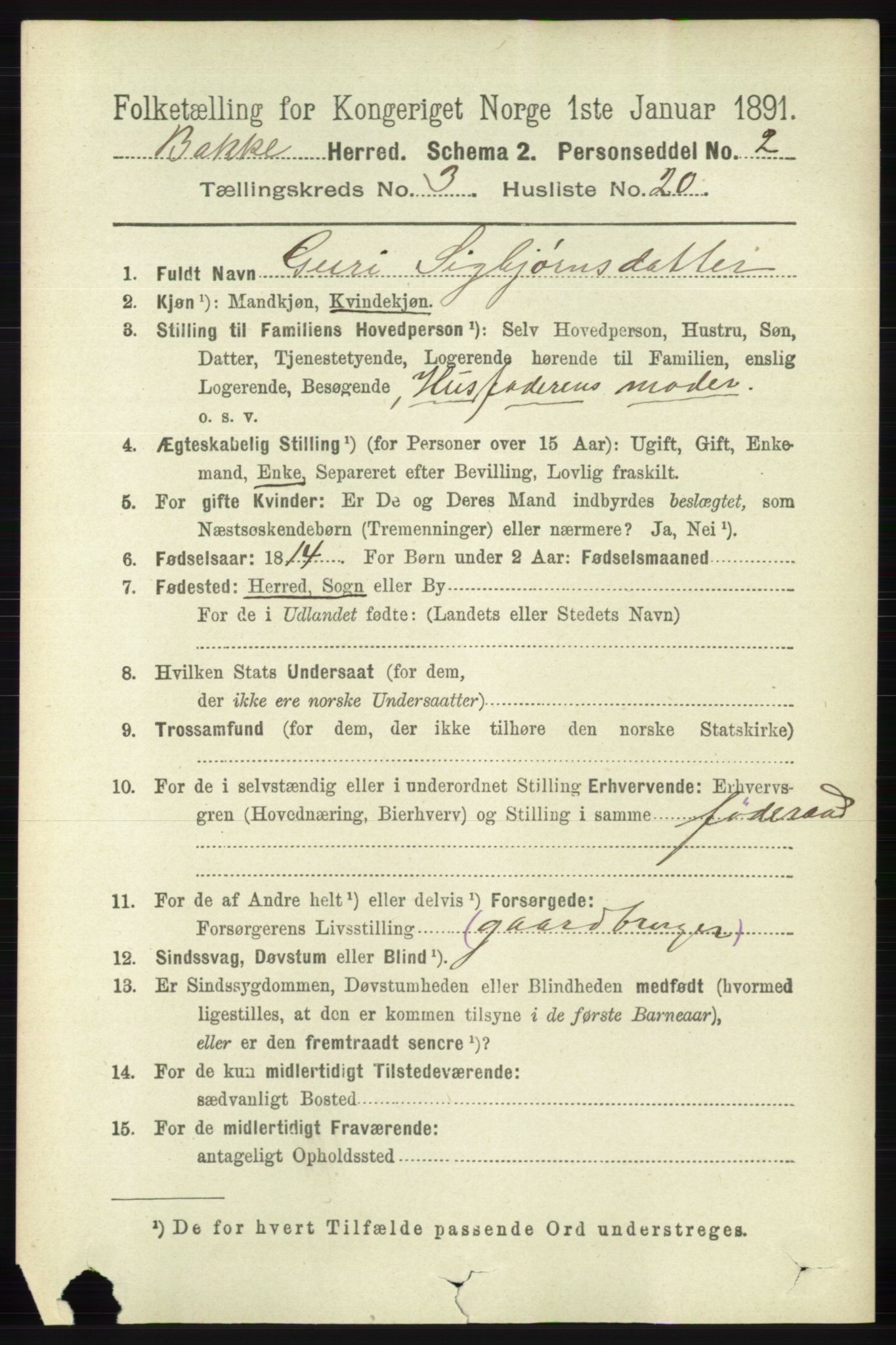 RA, 1891 census for 1045 Bakke, 1891, p. 538