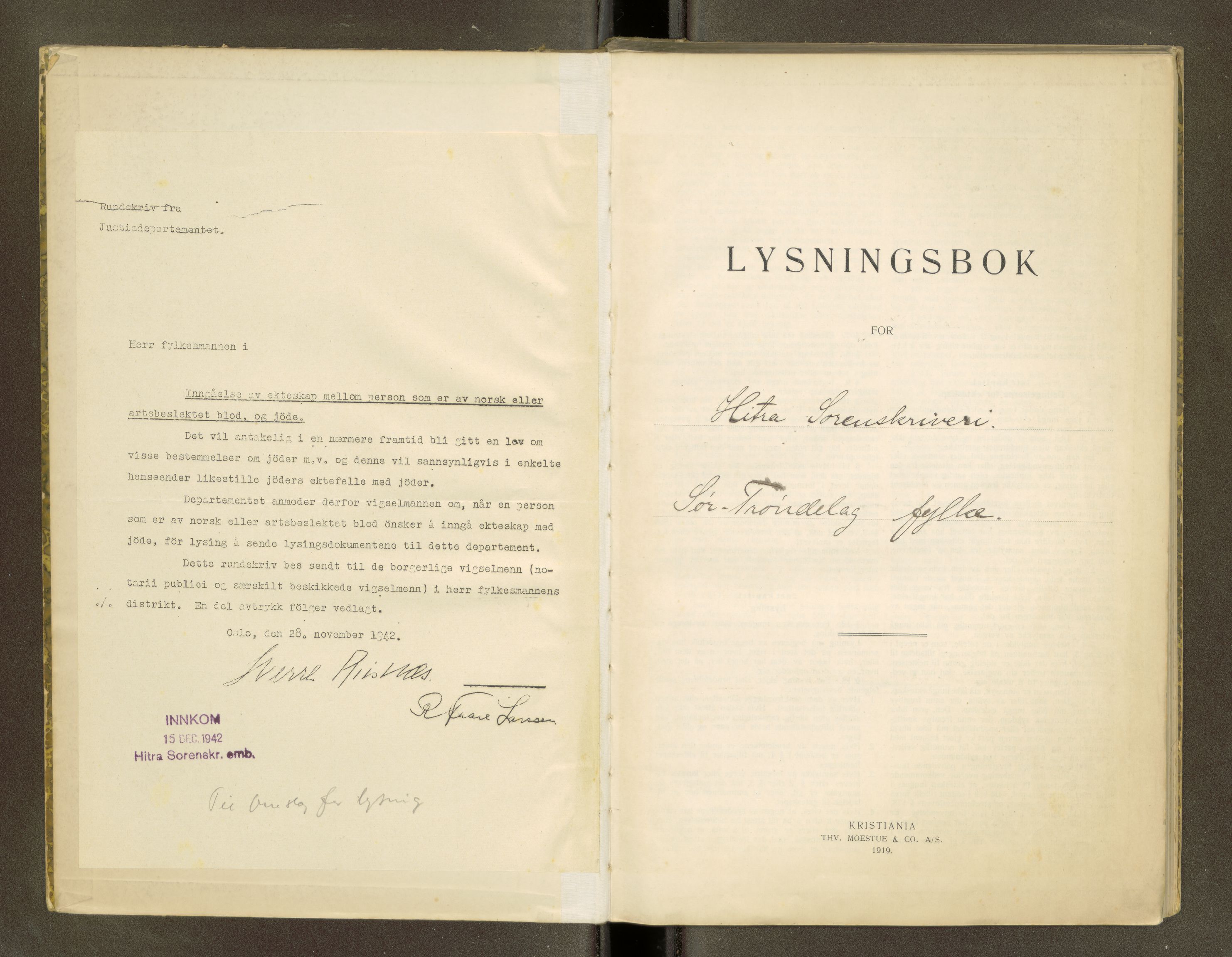 Hitra sorenskriveri, SAT/A-0018/6/6D/L0001: Lysingsbok, 1931-1958