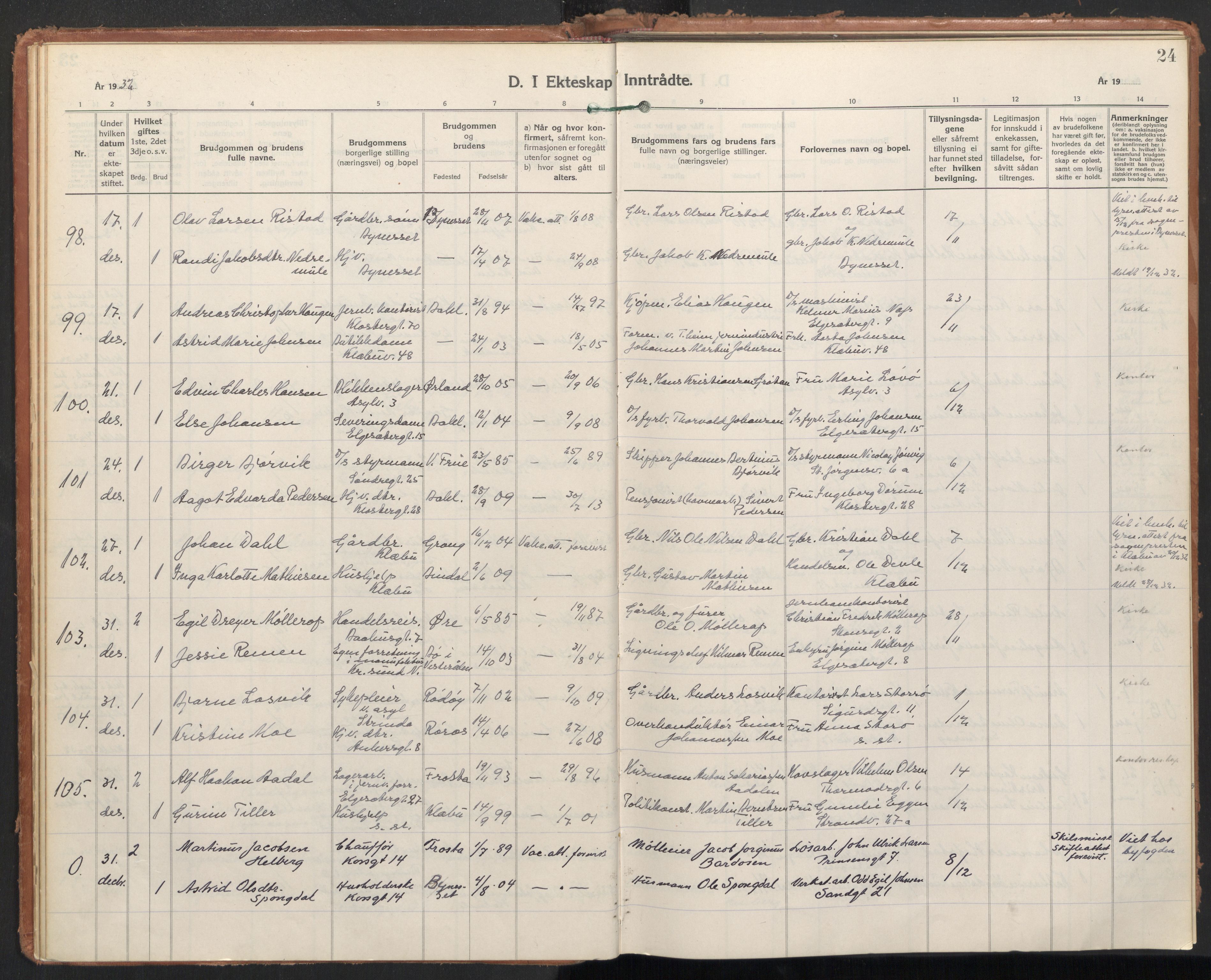 Ministerialprotokoller, klokkerbøker og fødselsregistre - Sør-Trøndelag, SAT/A-1456/604/L0209: Parish register (official) no. 604A29, 1931-1945, p. 24