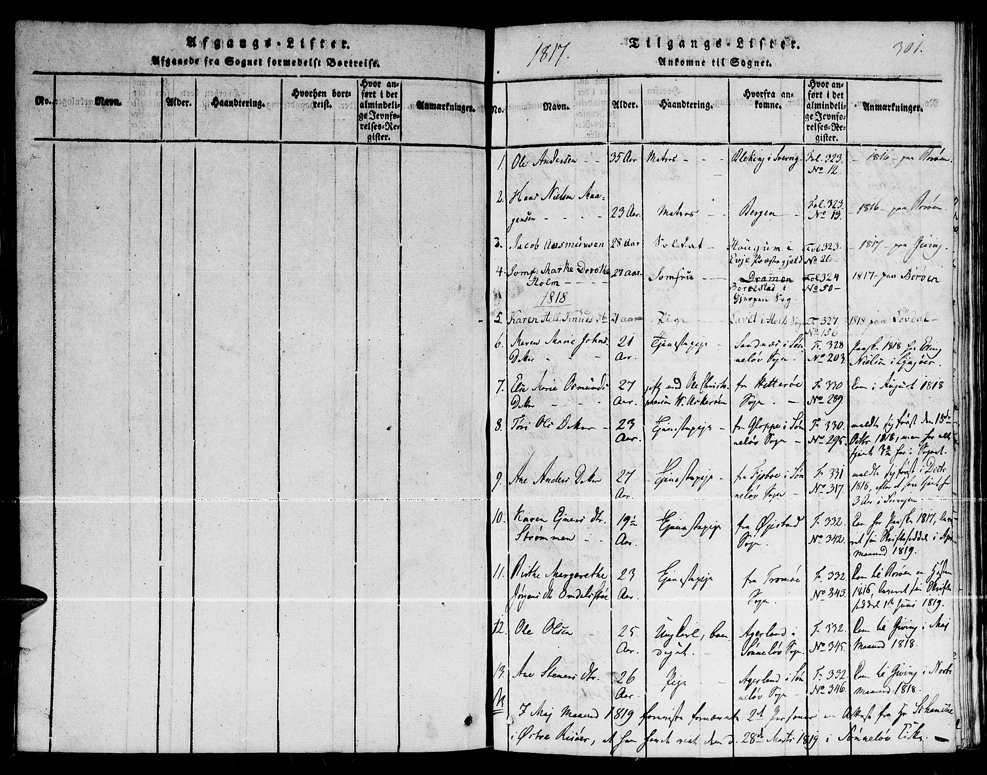 Dypvåg sokneprestkontor, AV/SAK-1111-0007/F/Fb/Fba/L0009: Parish register (copy) no. B 9, 1816-1842, p. 301