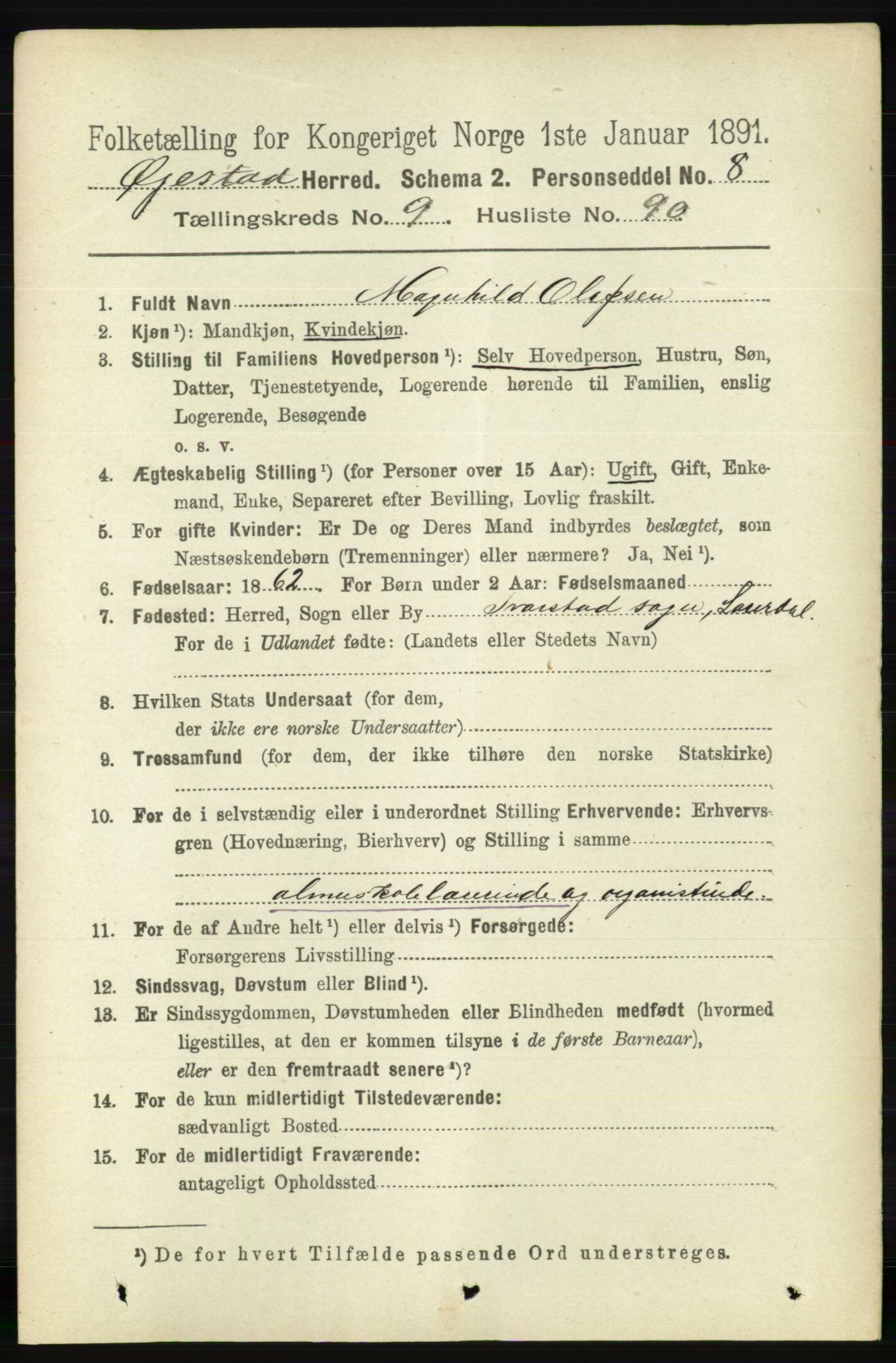 RA, 1891 census for 0920 Øyestad, 1891, p. 4063