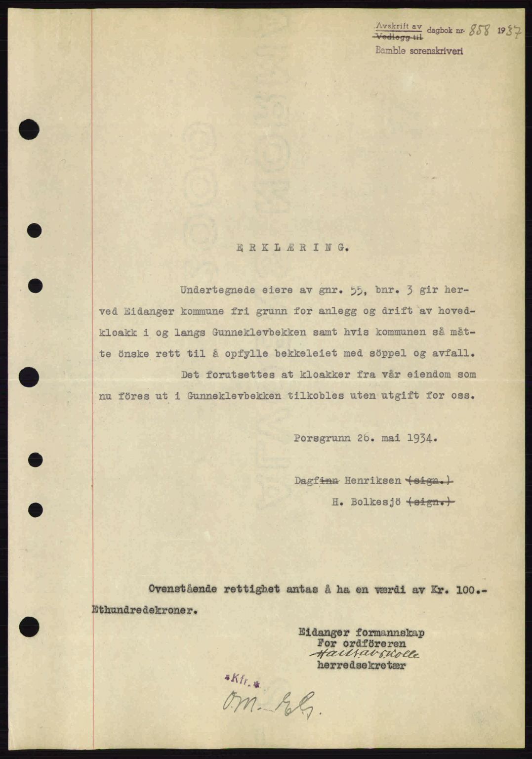 Bamble sorenskriveri, AV/SAKO-A-214/G/Ga/Gag/L0002: Mortgage book no. A-2, 1937-1938, Diary no: : 858/1937