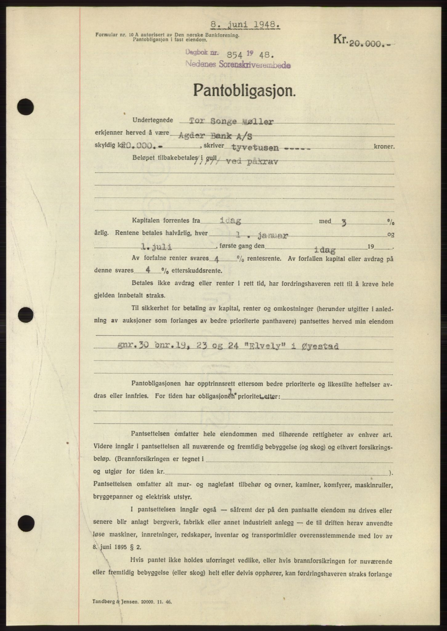 Nedenes sorenskriveri, AV/SAK-1221-0006/G/Gb/Gbb/L0005: Mortgage book no. B5, 1948-1948, Diary no: : 854/1948