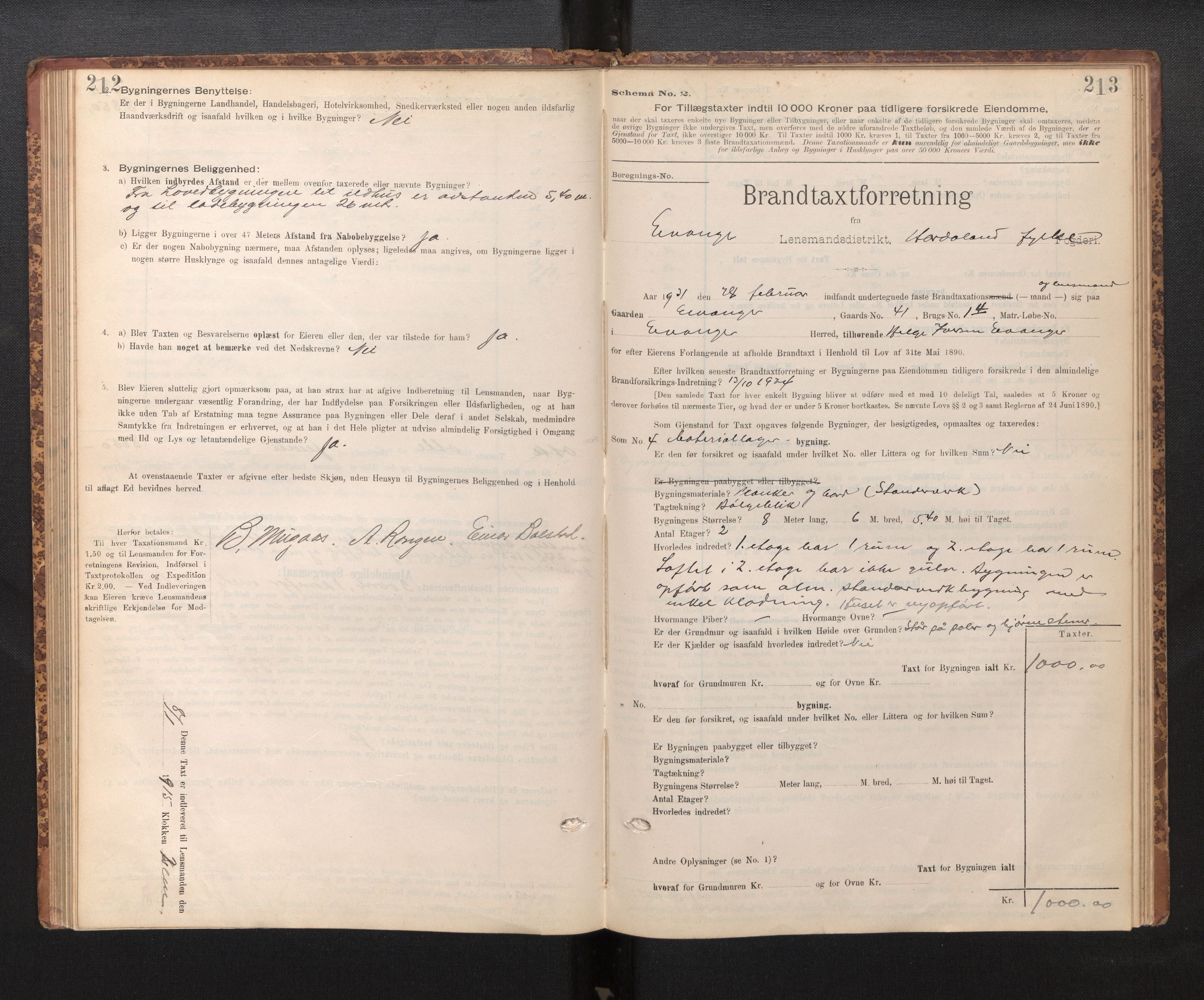 Lensmannen i Evanger, SAB/A-31701/0012/L0005: Branntakstprotokoll, skjematakst, 1895-1935, p. 212-213
