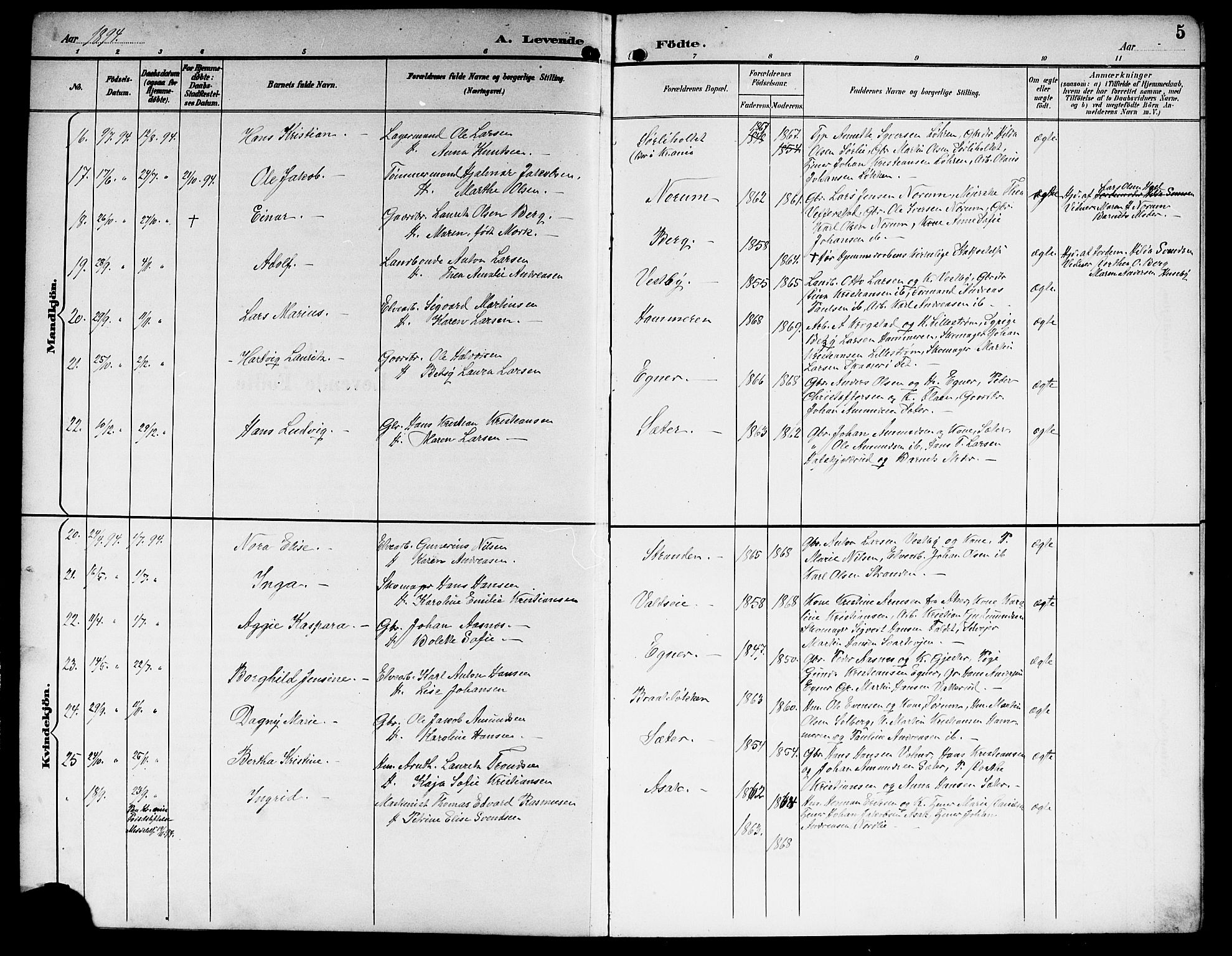 Sørum prestekontor Kirkebøker, SAO/A-10303/G/Ga/L0006: Parish register (copy) no. I 6, 1894-1906, p. 5