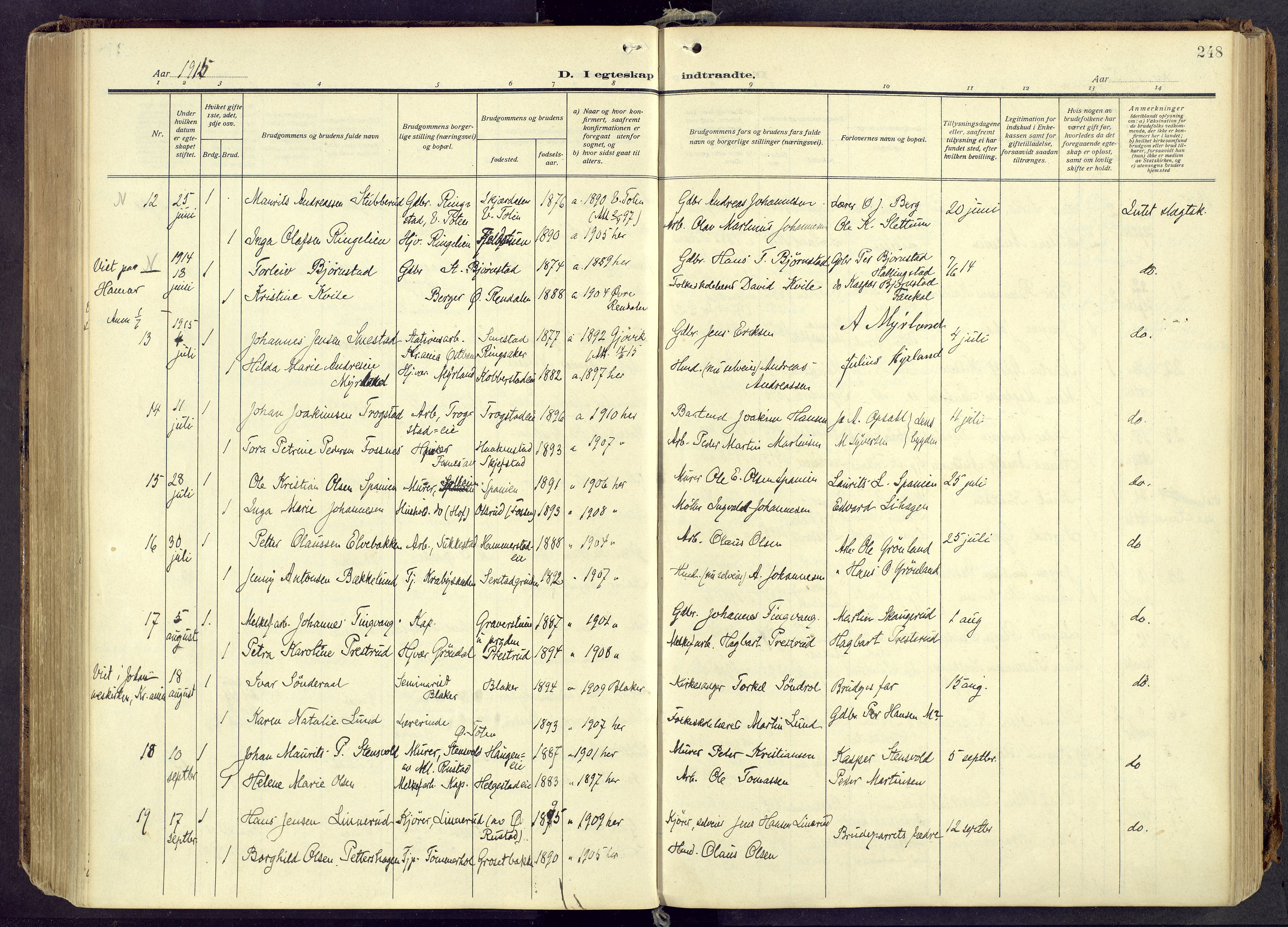 Østre Toten prestekontor, AV/SAH-PREST-104/H/Ha/Haa/L0010: Parish register (official) no. 10, 1910-1920, p. 248