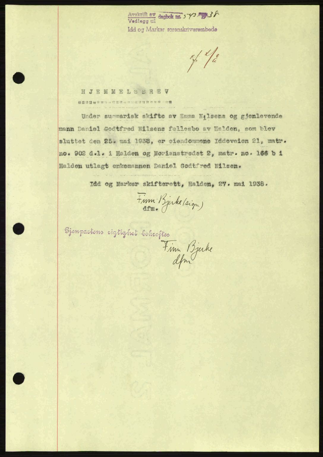 Idd og Marker sorenskriveri, AV/SAO-A-10283/G/Gb/Gbb/L0002: Mortgage book no. A2, 1937-1938, Diary no: : 543/1938