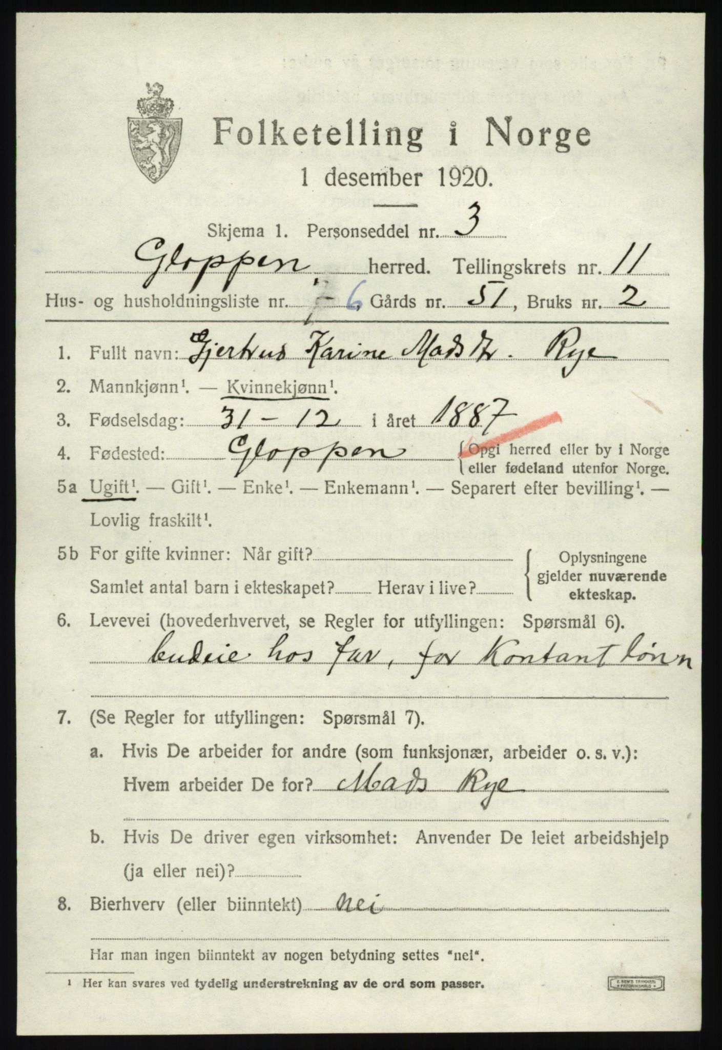 SAB, 1920 census for Gloppen, 1920, p. 5544