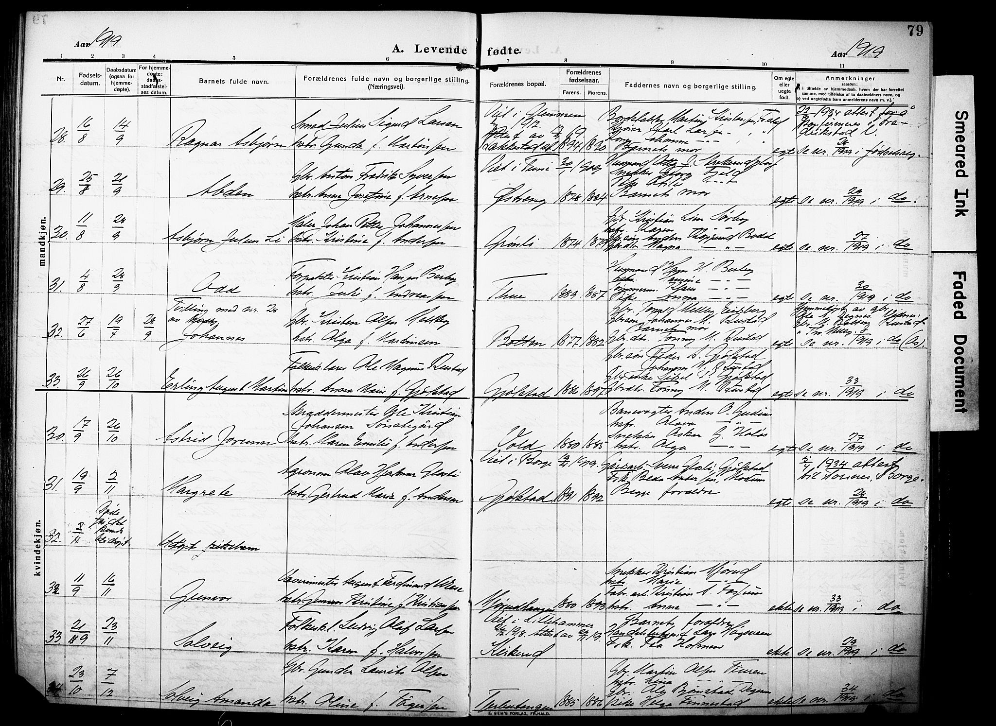 Rakkestad prestekontor Kirkebøker, AV/SAO-A-2008/F/Fa/L0015: Parish register (official) no. I 15, 1909-1922, p. 79