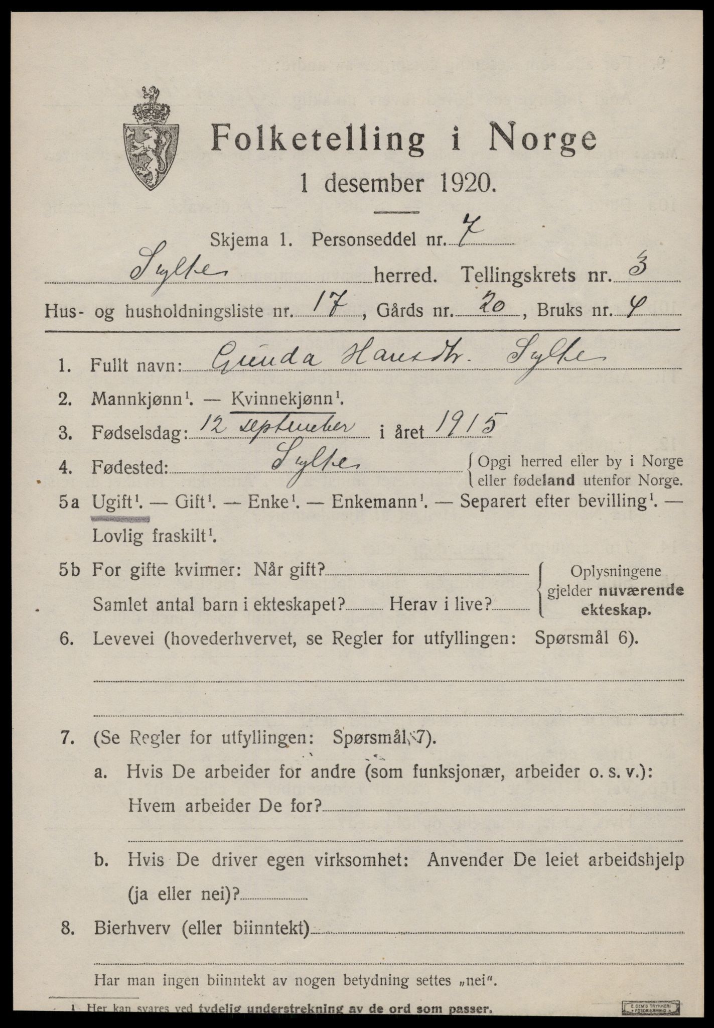 SAT, 1920 census for Sylte, 1920, p. 1961