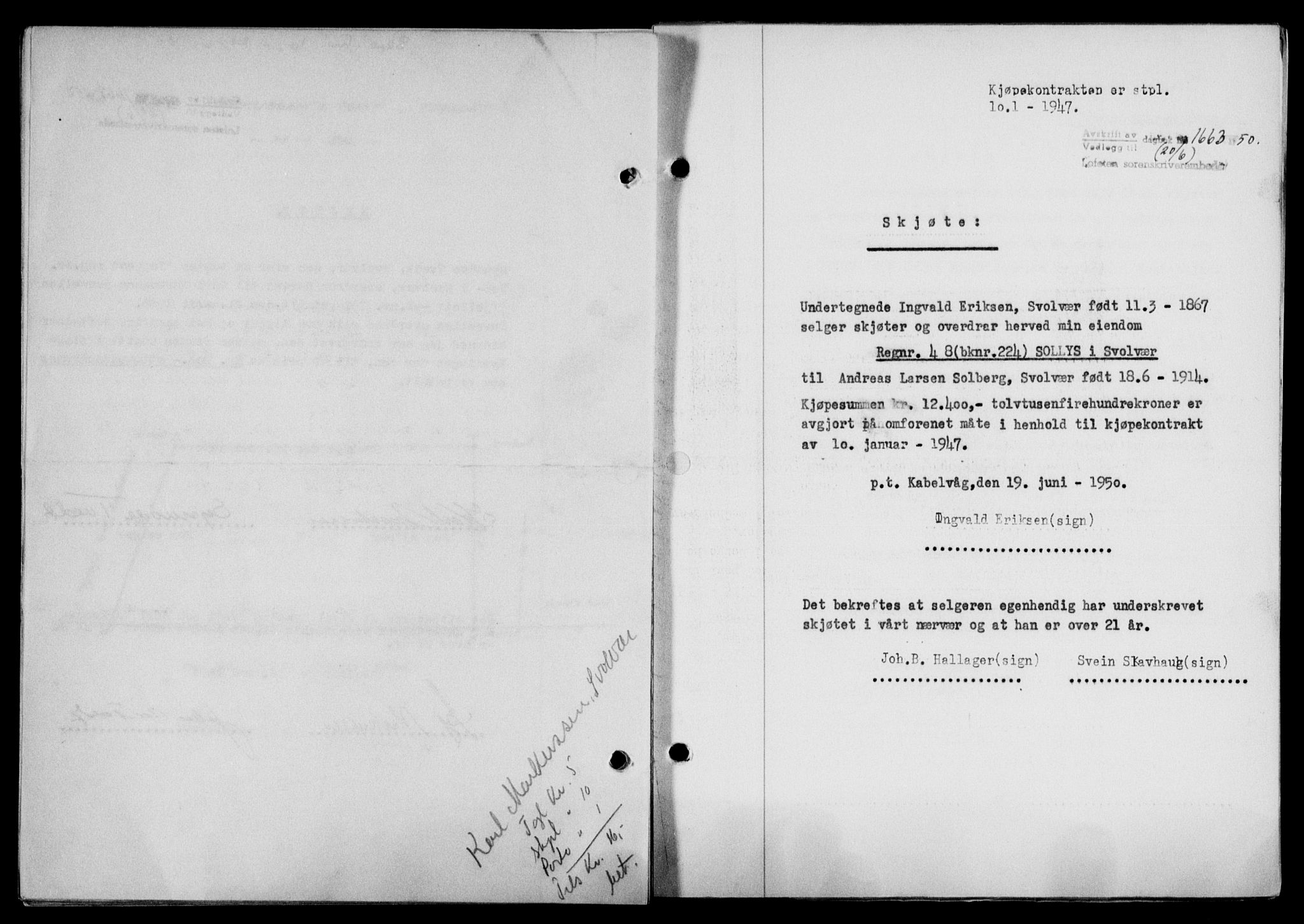 Lofoten sorenskriveri, SAT/A-0017/1/2/2C/L0023a: Mortgage book no. 23a, 1950-1950, Diary no: : 1663/1950