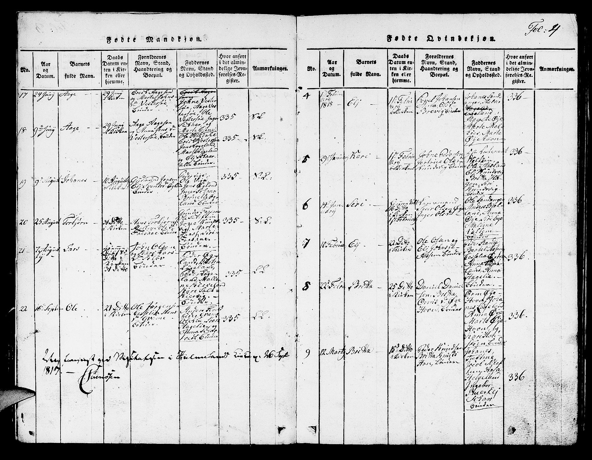 Hjelmeland sokneprestkontor, AV/SAST-A-101843/01/V/L0001: Parish register (copy) no. B 1, 1816-1841, p. 4