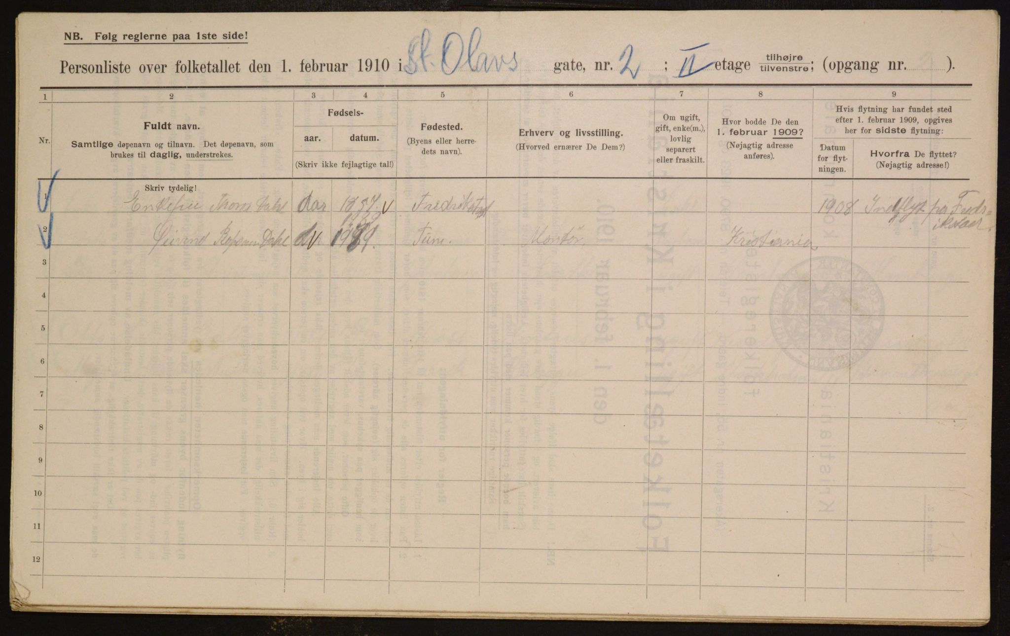 OBA, Municipal Census 1910 for Kristiania, 1910, p. 84082