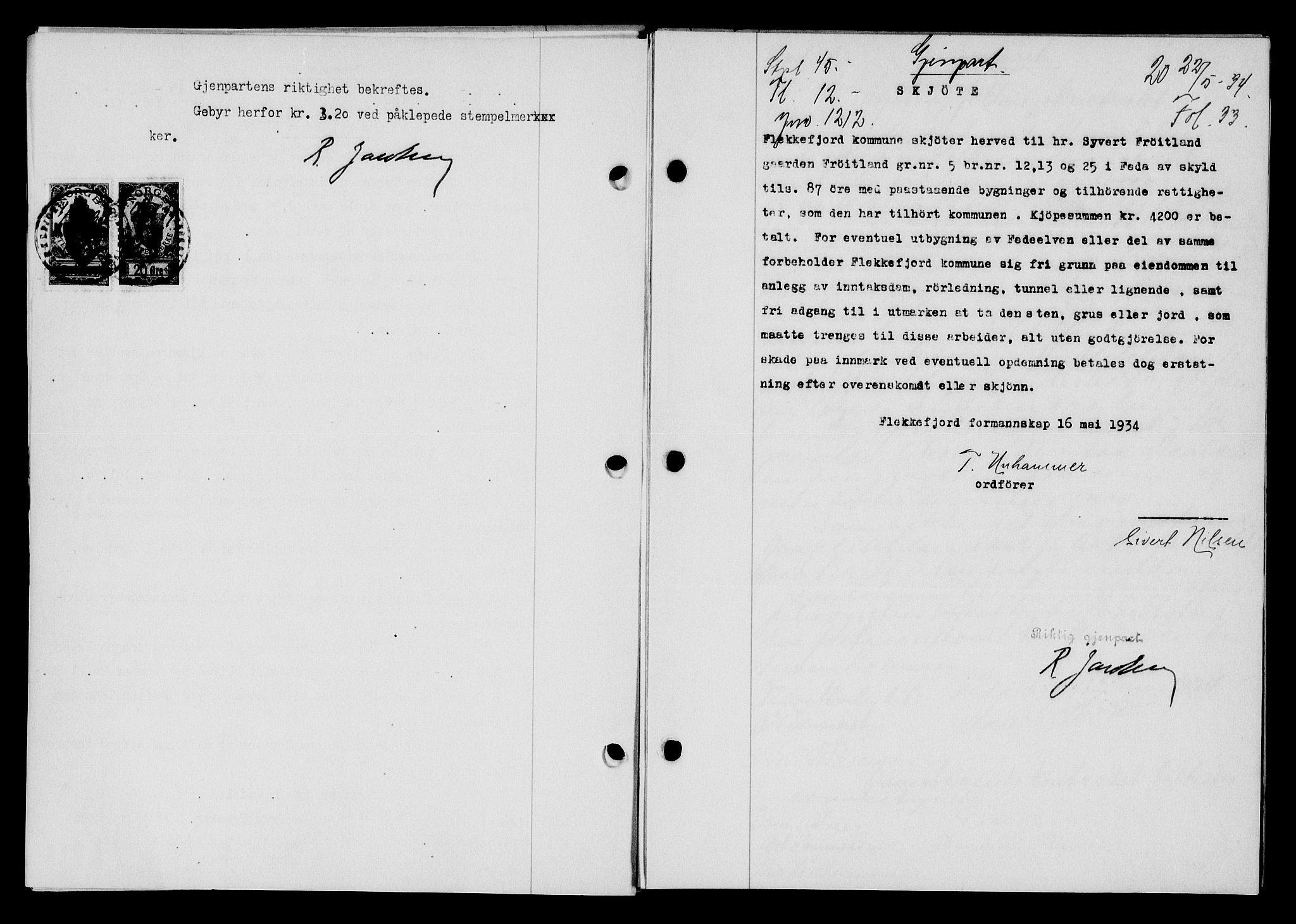 Flekkefjord sorenskriveri, SAK/1221-0001/G/Gb/Gba/L0051: Mortgage book no. 47, 1934-1935, Deed date: 22.05.1934