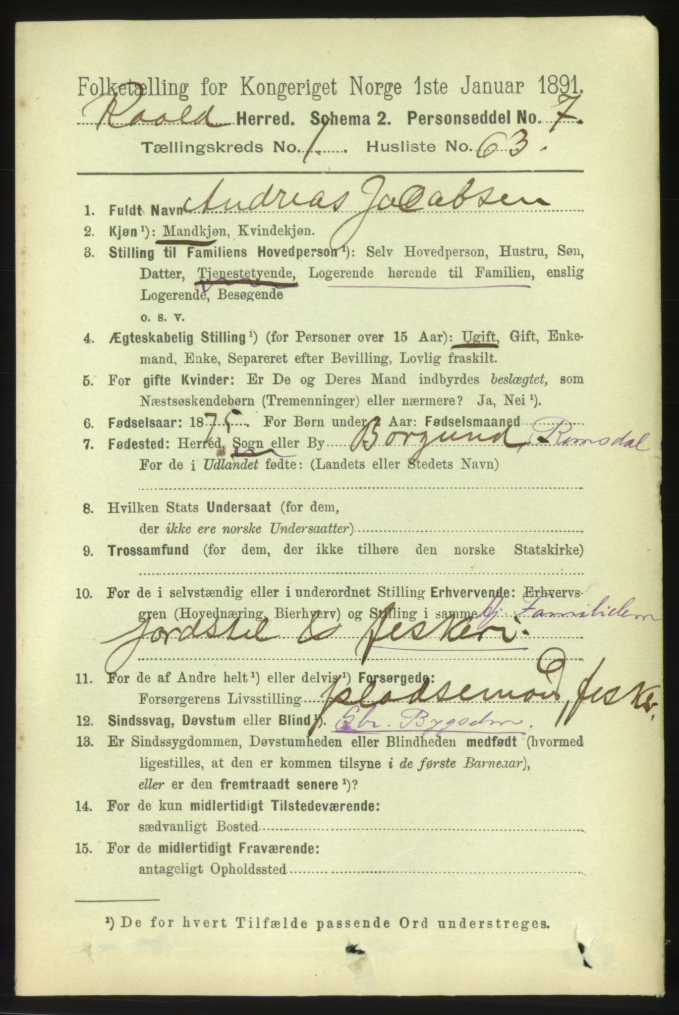 RA, 1891 census for 1533 Roald, 1891, p. 566