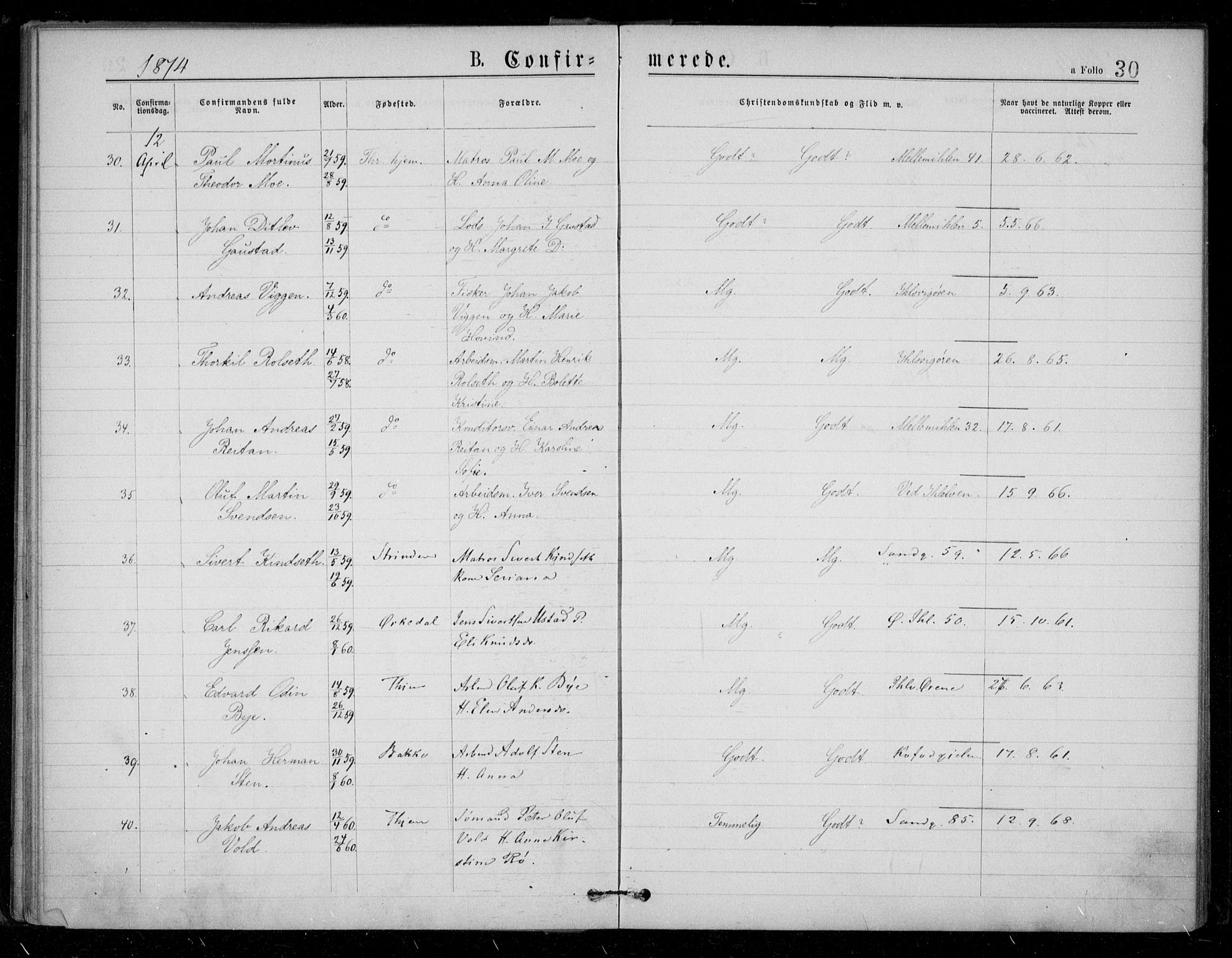 Ministerialprotokoller, klokkerbøker og fødselsregistre - Sør-Trøndelag, AV/SAT-A-1456/602/L0121: Parish register (official) no. 602A19, 1872-1879, p. 30