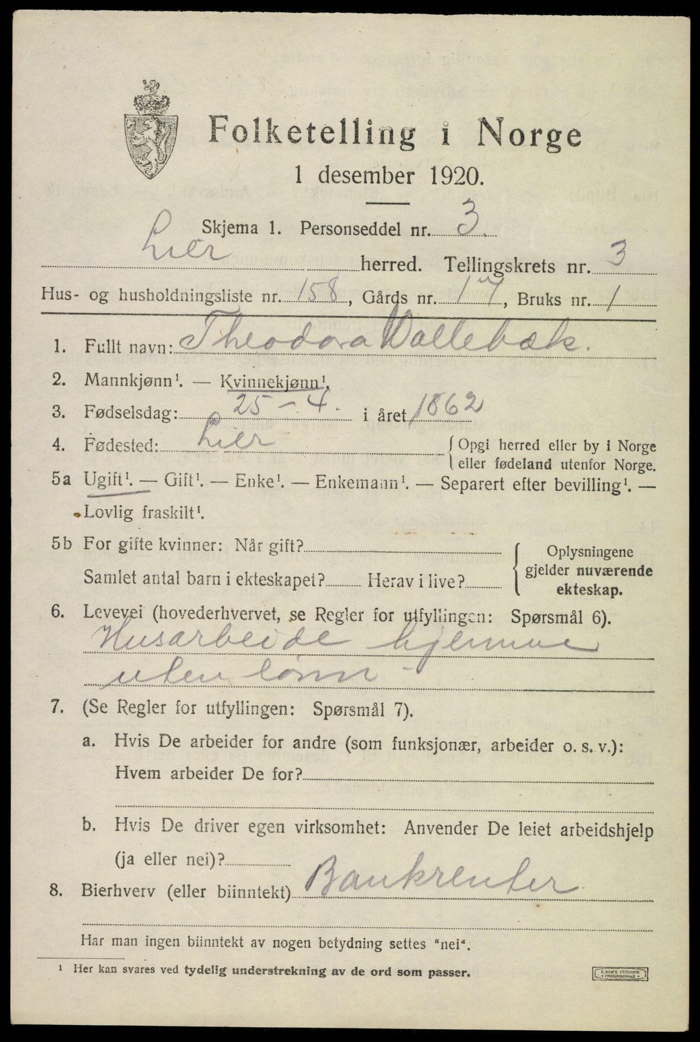 SAKO, 1920 census for Lier, 1920, p. 9664