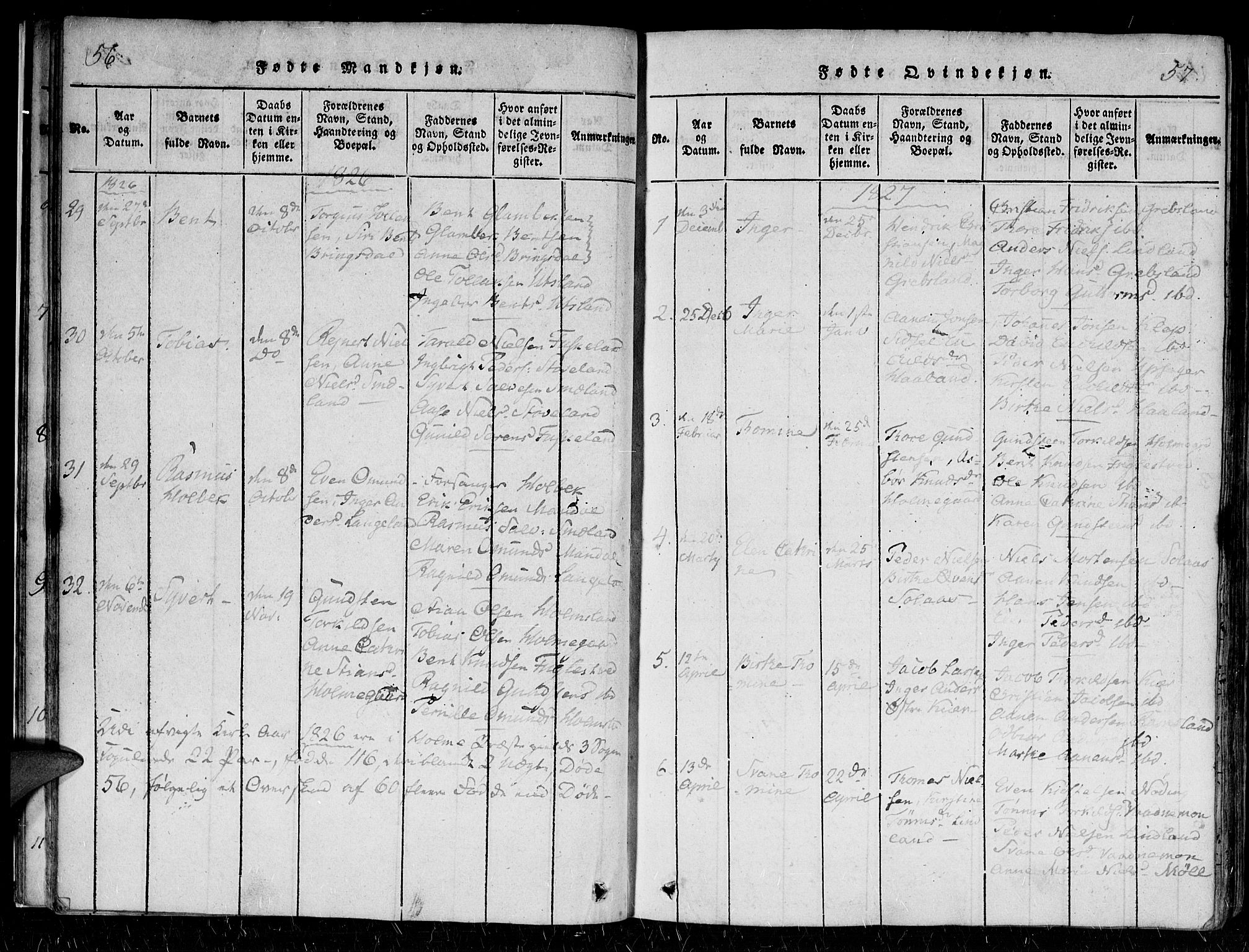 Holum sokneprestkontor, AV/SAK-1111-0022/F/Fa/Faa/L0004: Parish register (official) no. A 4, 1820-1849, p. 56-57