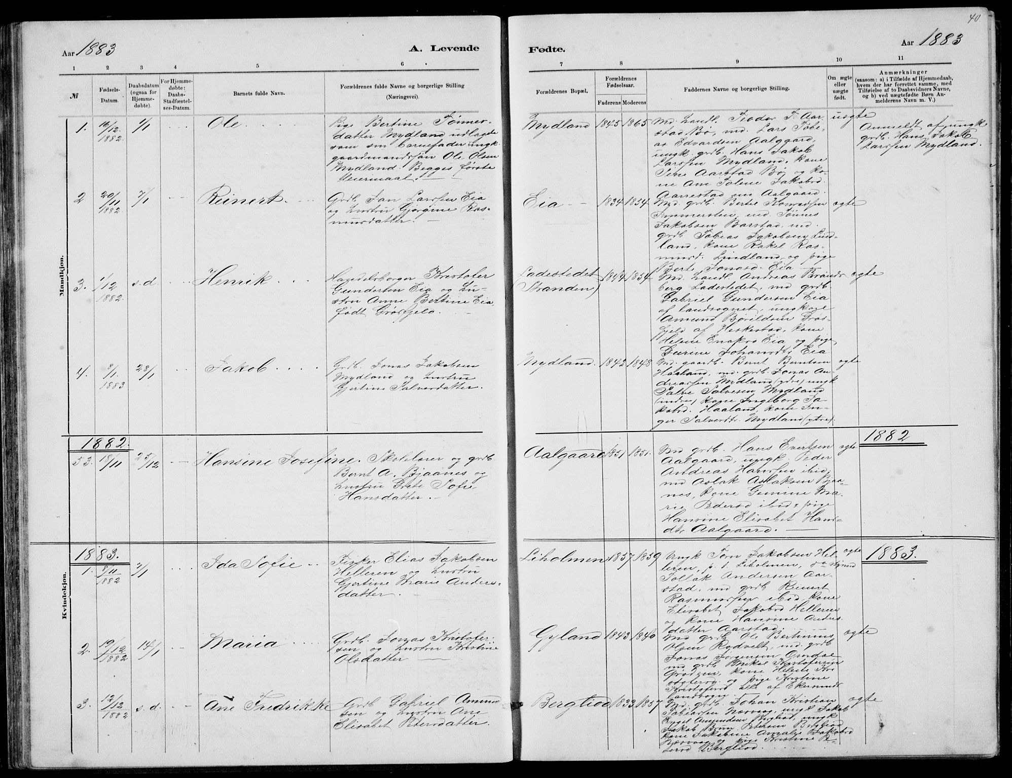 Sokndal sokneprestkontor, AV/SAST-A-101808: Parish register (copy) no. B 4, 1880-1891, p. 40