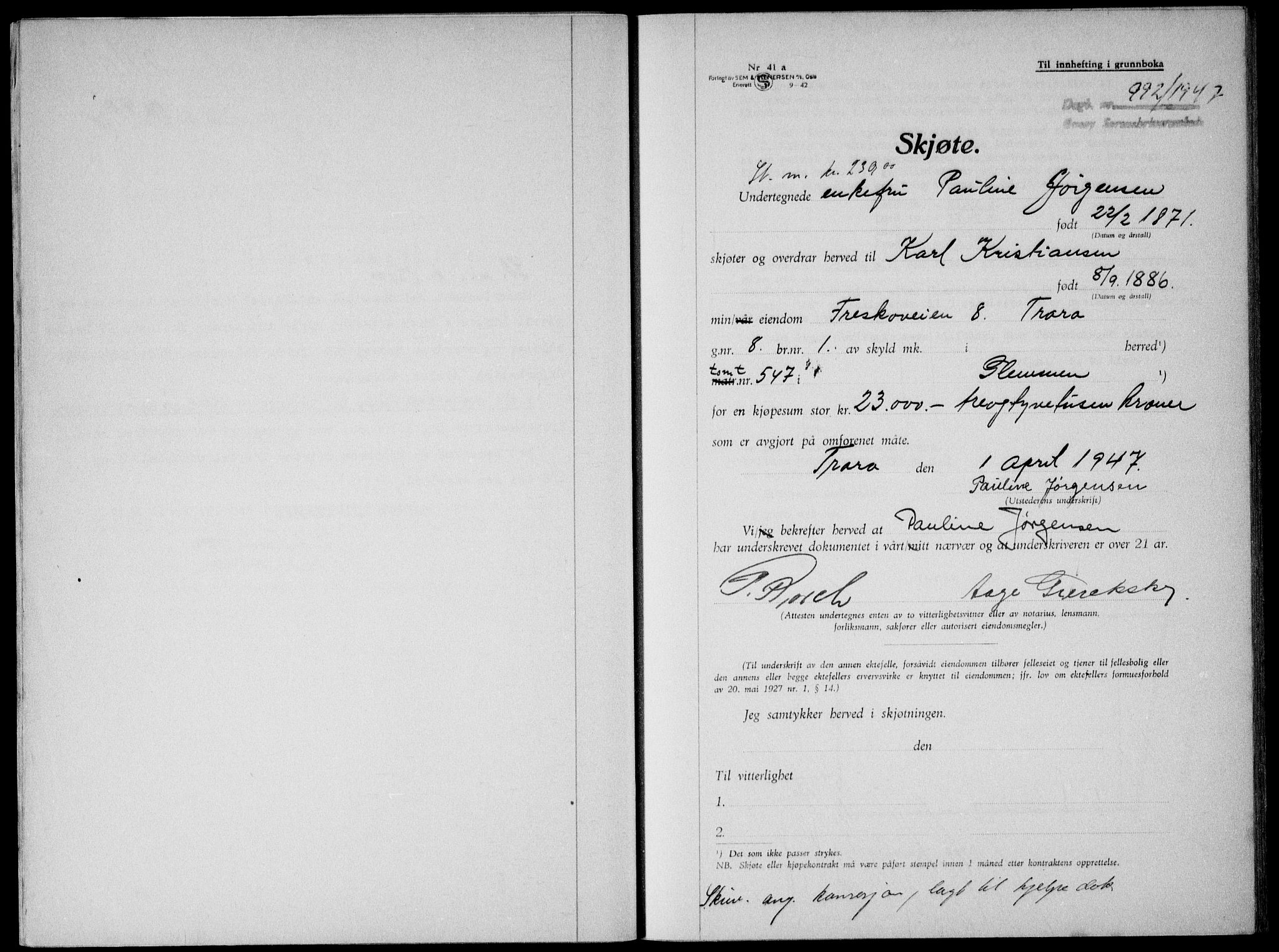 Onsøy sorenskriveri, SAO/A-10474/G/Ga/Gab/L0019b: Mortgage book no. II A-19 B, 1947-1947, Diary no: : 992/1947