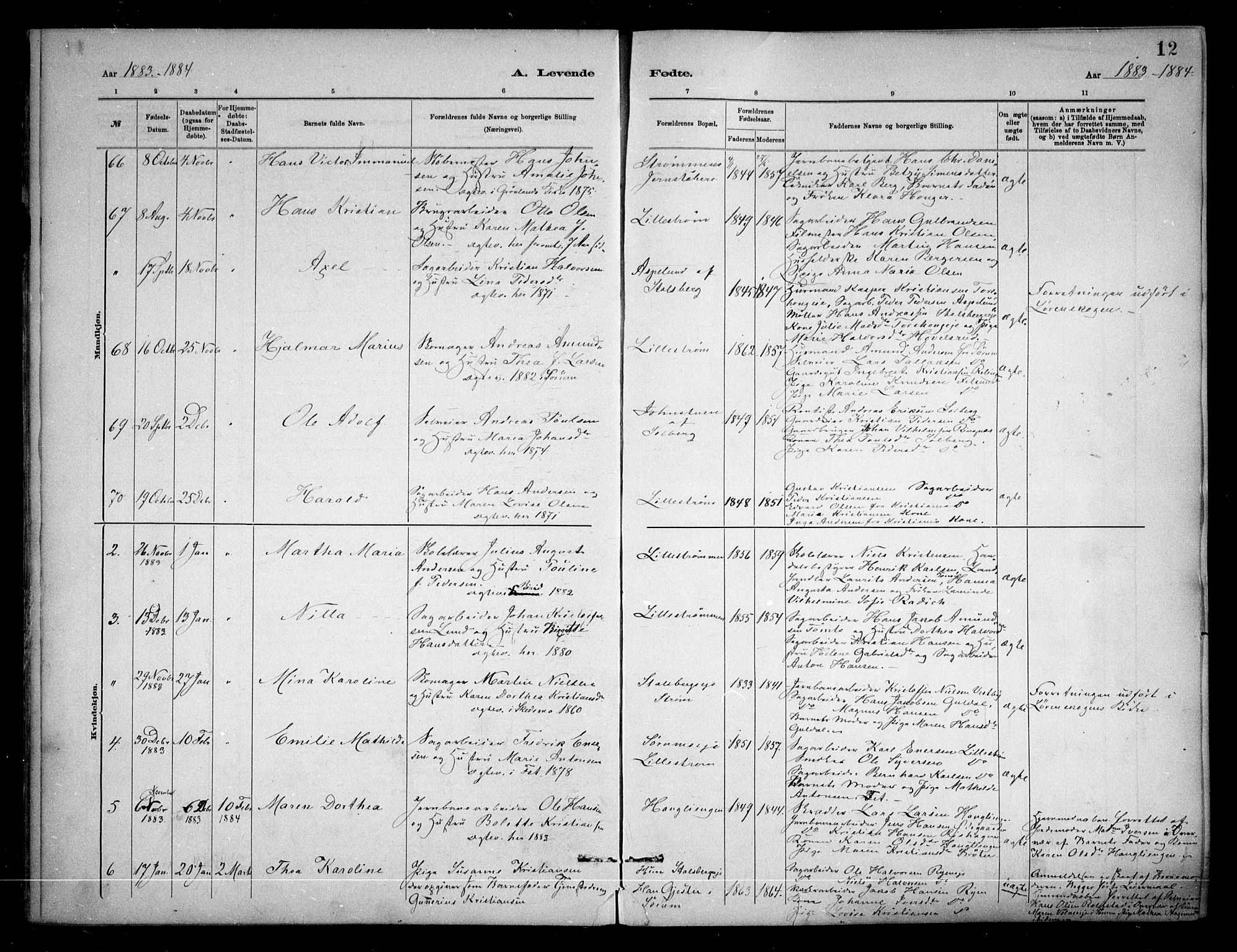 Skedsmo prestekontor Kirkebøker, AV/SAO-A-10033a/F/Fa/L0013: Parish register (official) no. I 13, 1883-1891, p. 12