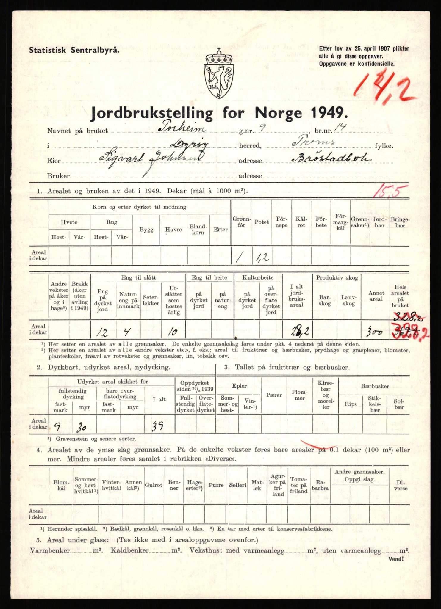 Statistisk sentralbyrå, Næringsøkonomiske emner, Jordbruk, skogbruk, jakt, fiske og fangst, AV/RA-S-2234/G/Gc/L0440: Troms: Sørreisa og Dyrøy, 1949, p. 1262