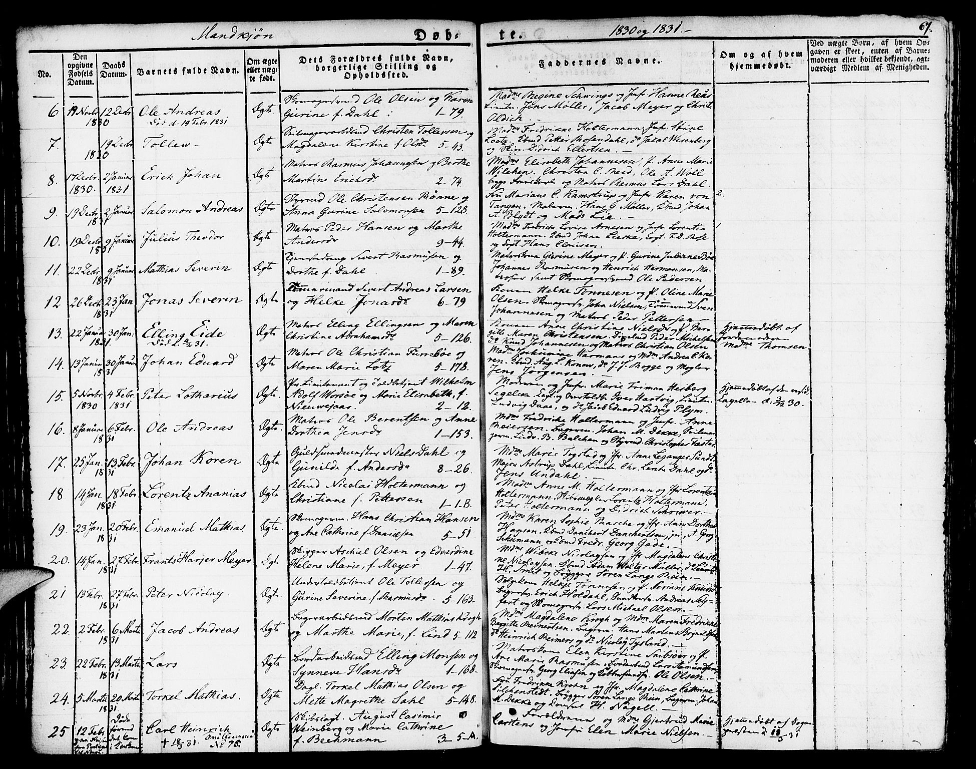 Nykirken Sokneprestembete, SAB/A-77101/H/Haa/L0012: Parish register (official) no. A 12, 1821-1844, p. 67